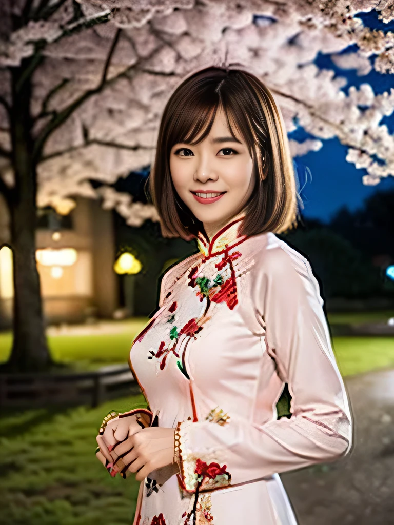 (a gorgeous lady, age 25, Red Vietnamese traditional dress Ao Dai, posing at Takada Castle Park Cherry Blossom, under night sky, friendly expression, dimpled smile, cute snaggle-tooth, bob cut with bangs, beautiful detailed face, medium hair, beautiful detailed eyes, ample round bosom, photorealistic, hyper-realism, high contrast, ultra HD, realistic skin textures, top image quality, top-quality, super high resolution, fine details, very meticulously, masterpiece, head to knees, the Cowboy shot, romantic atmosphere, bokeh night background), random body orientation, (full body shot),