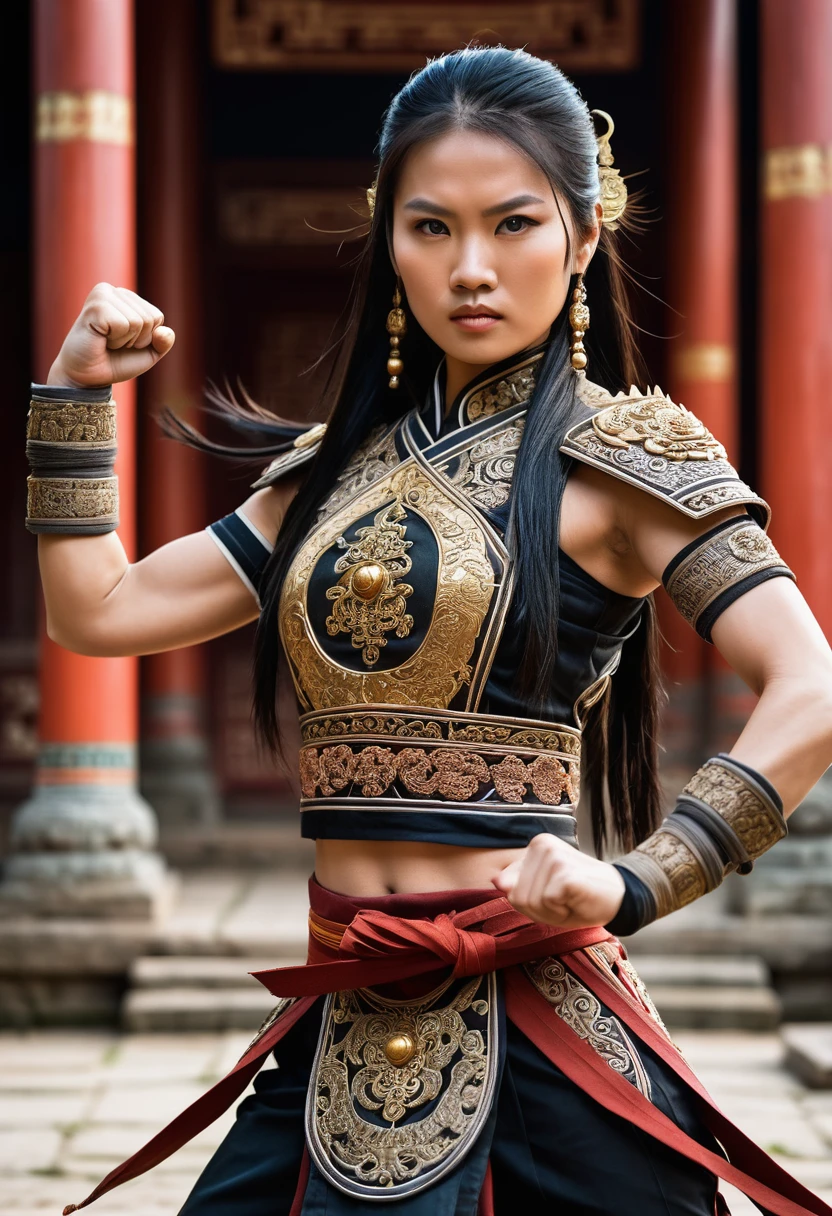 a beautiful Thai-Chinese female warrior stands in a powerful combat pose. She has long, flowing black hair adorned with intricately crafted beads and decorations, adding charm to her persona. Her body is strong and toned, reflecting rigorous training. She wears a sleeveless brown top that allows her to move freely, along with a finely decorated belt. Bandages wrap around her forearms, providing additional strength and protection from injuries.

Her face displays determination and fierceness, with sharp eyes staring ahead, ready to face the impending battle. She clenches her fists tightly, symbolizing preparedness and bravery.

The background features an ancient Chinese temple with intricate details, slightly blurred to give a sense of distance and time. The atmosphere in the image is thrilling, with mist lingering in the air, adding mystery and intrigue to the scene.