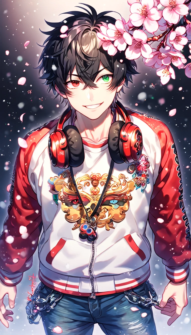 Ultra detailed, HDR, Highres, absurdres, master piece, Yamada Ichiro, black hair, heterochromia, expressive red left eye, green right eye, red varsity jacket, blue sleeves, white hoodie, red headphone around his neck, blue pants, Hypnosis Mic, y man, handsome, cherry, flowers, blossoms, fantasy, magical, pink leaves, snowing, handsome, sensual, best quality, glittering, solo, handsome smile,