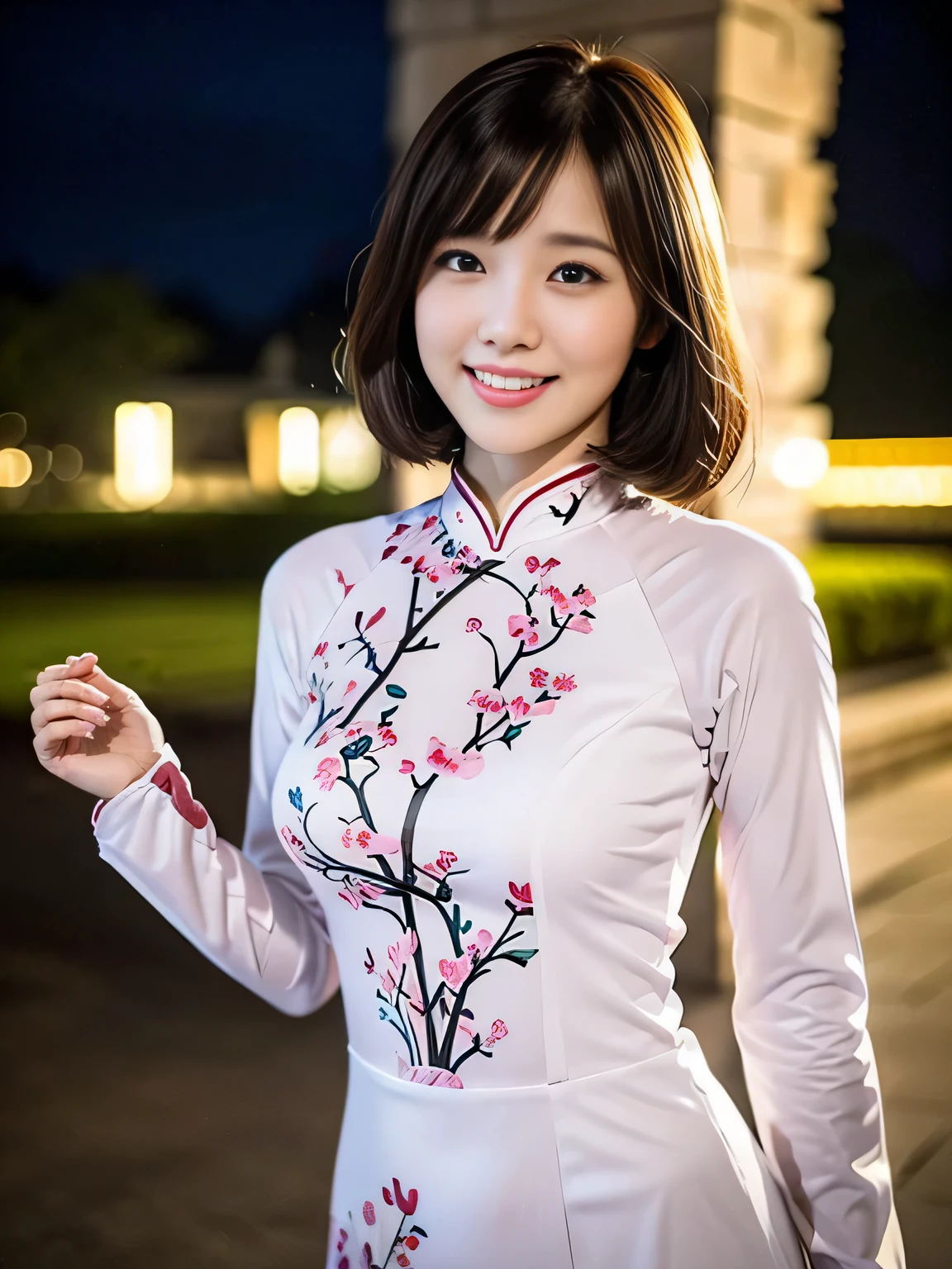 (a gorgeous lady, age 25, Blue Vietnamese traditional dress Ao Dai, posing at Takada Castle Park Cherry Blossom, under night sky, friendly expression, dimpled smile, cute snaggle-tooth, bob cut with bangs, beautiful detailed face, beautiful detailed eyes, ample round bosom, photorealistic, hyper-realism, high contrast, ultra HD, realistic skin textures, top image quality, top-quality, super high resolution, fine details, very meticulously, masterpiece, head to knees, the Cowboy shot, romantic atmosphere, bokeh night background), random body orientation,