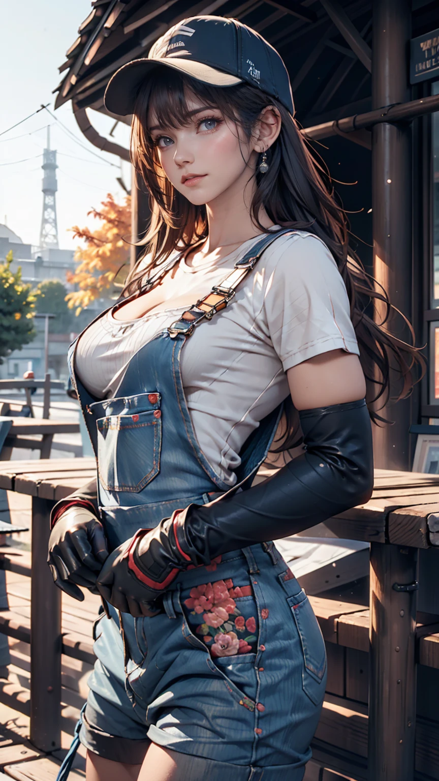 Space Shuttle in a Rusty Field, Landscape Village, Standing person々, Realistic, Simon Starenhug Style、24-year-old female、Wear work overalls、Work hat、Chignon、Moderately sized breasts、Gloves、Cowboy Shot、Work shoes