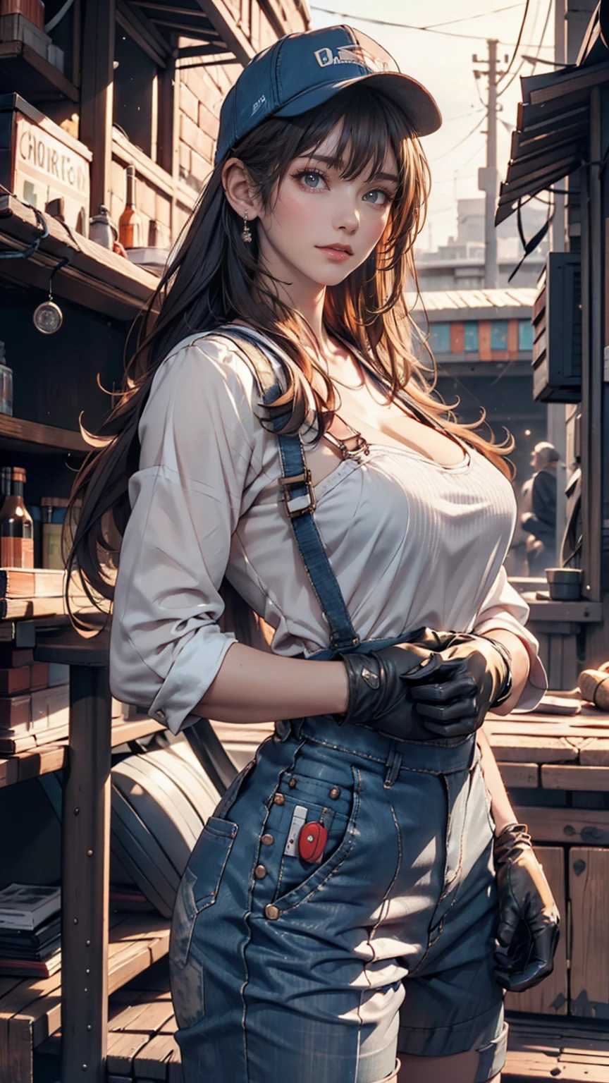 Space Shuttle in a Rusty Field, Landscape Village, Standing person々, Realistic, Simon Starenhug Style、24-year-old female、Wear work overalls、Work hat、Chignon、Moderately sized breasts、Gloves、Cowboy Shot、Work shoes