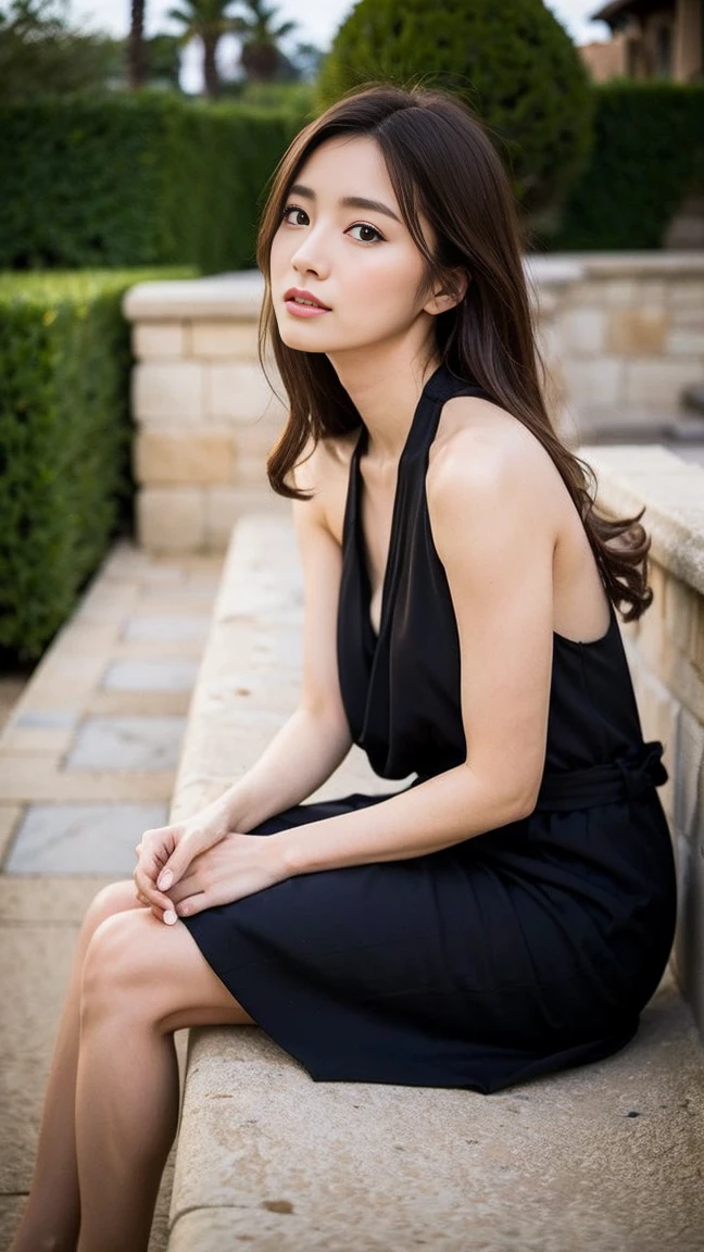 dark brown hair、Light brown eyes、Japanese actress、I am about 40 years old...、Saint-Tropezにあるテラスレストランで、Spectacular views、In nature、Terrace seats、背景にはSaint-TropezのSpectacular viewsが広がる、A dress with a resort feel、Halter neck、Beautiful legs、Night view、Deep sorrow、Feeling weak、Debilitated pose、Deep sorrowの表現、Saint-Tropez、Leaning against the wall、Side angle、