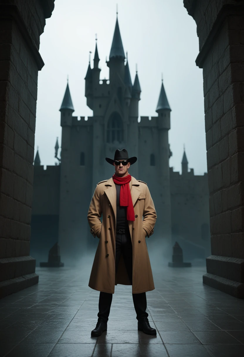 cartoon,Tim Burton style, black and white color, dismal, dark environment, gloomy castle behind, angry man, Trench coat, dark shades, twisted castle epic atmosphere,a man with a hat, floor-length red scarf,