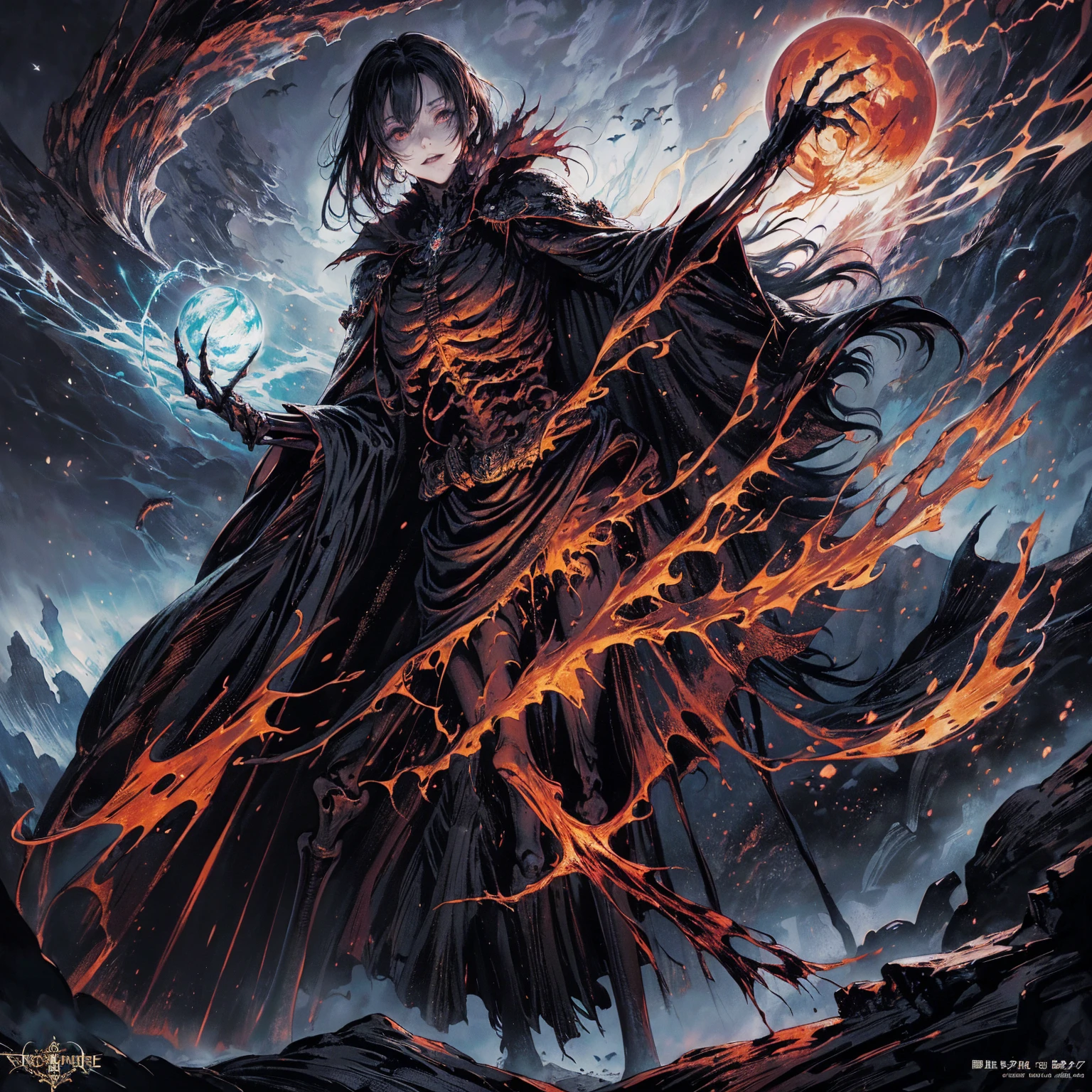 (full body shot:1.5), (Wide-angle lens:1.2), (black hair:1.5), best quality, 4K, high resolution, (masterpiece:1.2), Very detailed, (current:1.37), (Anatomically correct:1.2), Mood lighting, Undead girl in a long cloak, (Torso and limb is skeleton bone but head is still beautiful human face:1.2), Wearing a tattered gothic skirt, A sense of alienation, Dangerous sneer, Smiling and crying, Dark Force (StarWar), Force lightning radiates from fingertips, Facing the camera, Pitch black sky, Blood red moon, strange atmosphere, Gothic style, Unforgettable beauty, Dramatic shadows, Ethereal Light, Mysterious atmosphere, Resurrection from the grave, The Black Magic, Dead, Anime characters with black hair, Detailed cover design, Anime epic artwork, detailed key anime art, Be focused, dark fantasy artwork, Anime Fantasy Artwork, Official artwork with high detail, Dark Witch Panorama, Lich Vecna (d&d)