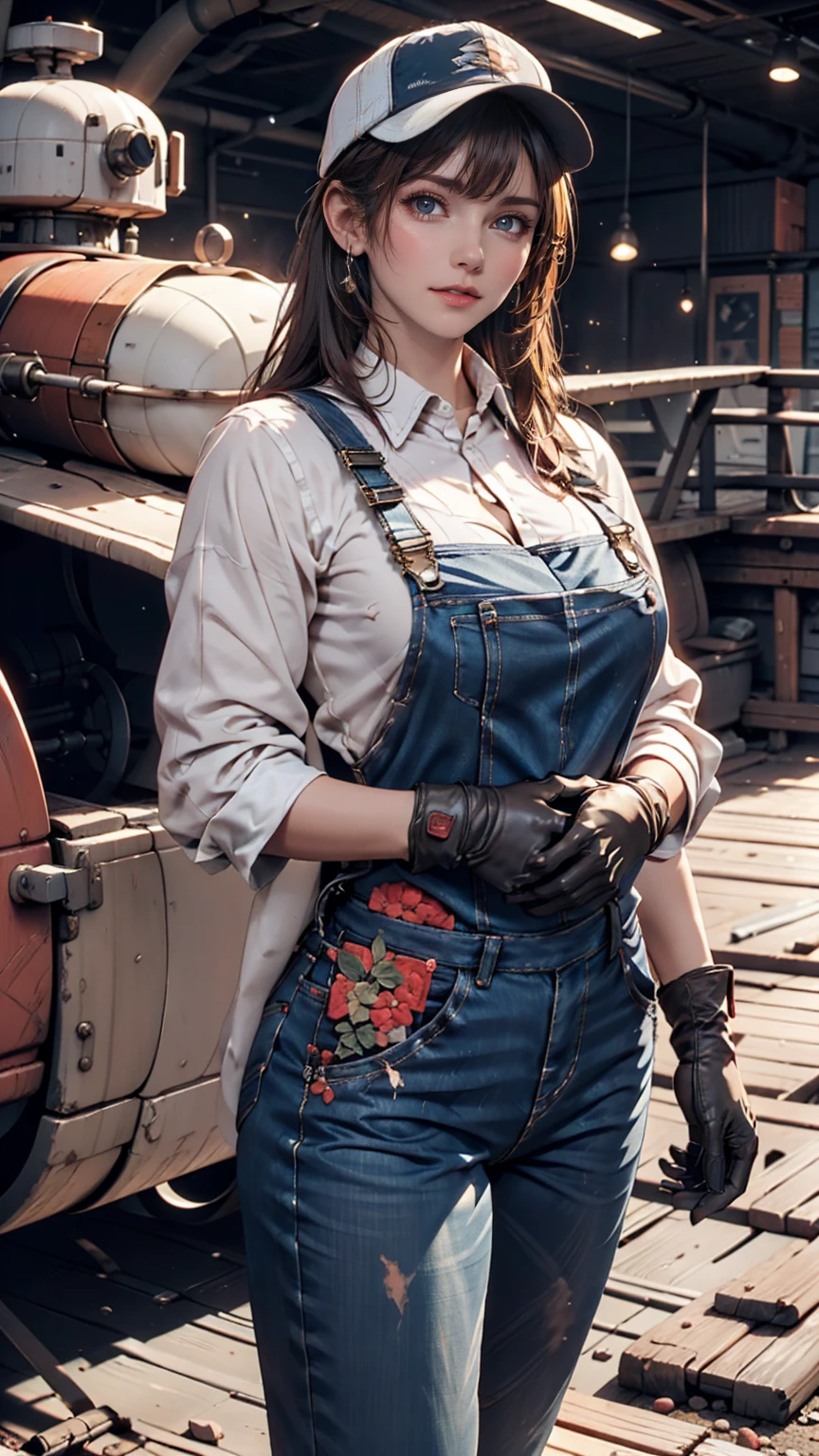 Space Shuttle in a Rusty Field, Landscape Village, Standing person々, Realistic, Simon Starenhug Style、24-year-old female、Wear work overalls、Work hat、Chignon、Moderately sized breasts、Gloves、Cowboy Shot、Work shoes