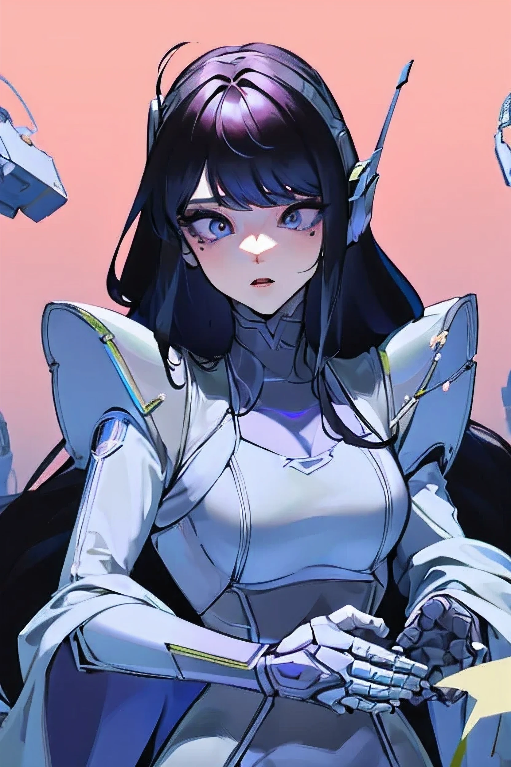 empty eyes,robot화된 여성 ,big bust,robot 조인트 ,Metal skin,long hair,suit that covers the entire body,mechanization,robot,robot 귀,visor,Android