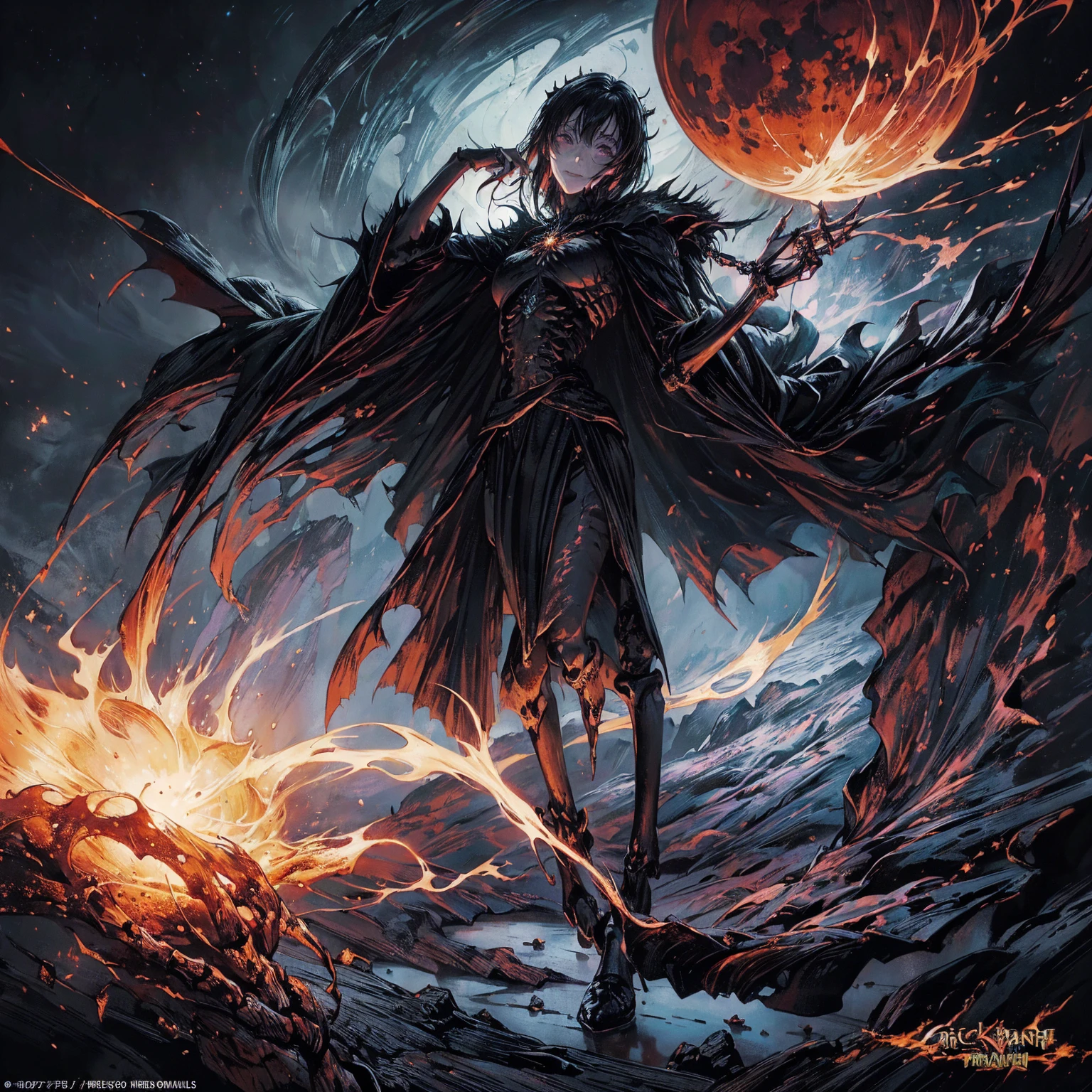 (full body shot:1.5), (Wide-angle lens:1.2), (black hair:1.5), best quality, 4K, high resolution, (masterpiece:1.2), Very detailed, (current:1.37), (Anatomically correct:1.2), Mood lighting, Undead girl in a long cloak, (Torso and limb is skeleton bone but head is still beautiful human face:1.2), Wearing a tattered gothic skirt, A sense of alienation, Dangerous sneer, Smiling and crying, Dark Force (StarWar), Force lightning radiates from fingertips, Facing the camera, Pitch black sky, Blood red moon, strange atmosphere, Gothic style, Unforgettable beauty, Dramatic shadows, Ethereal Light, Mysterious atmosphere, Resurrection from the grave, The Black Magic, Dead, Anime characters with black hair, Detailed cover design, Anime epic artwork, detailed key anime art, Be focused, dark fantasy artwork, Anime Fantasy Artwork, Official artwork with high detail, Dark Witch Panorama, Lich Vecna (d&d)