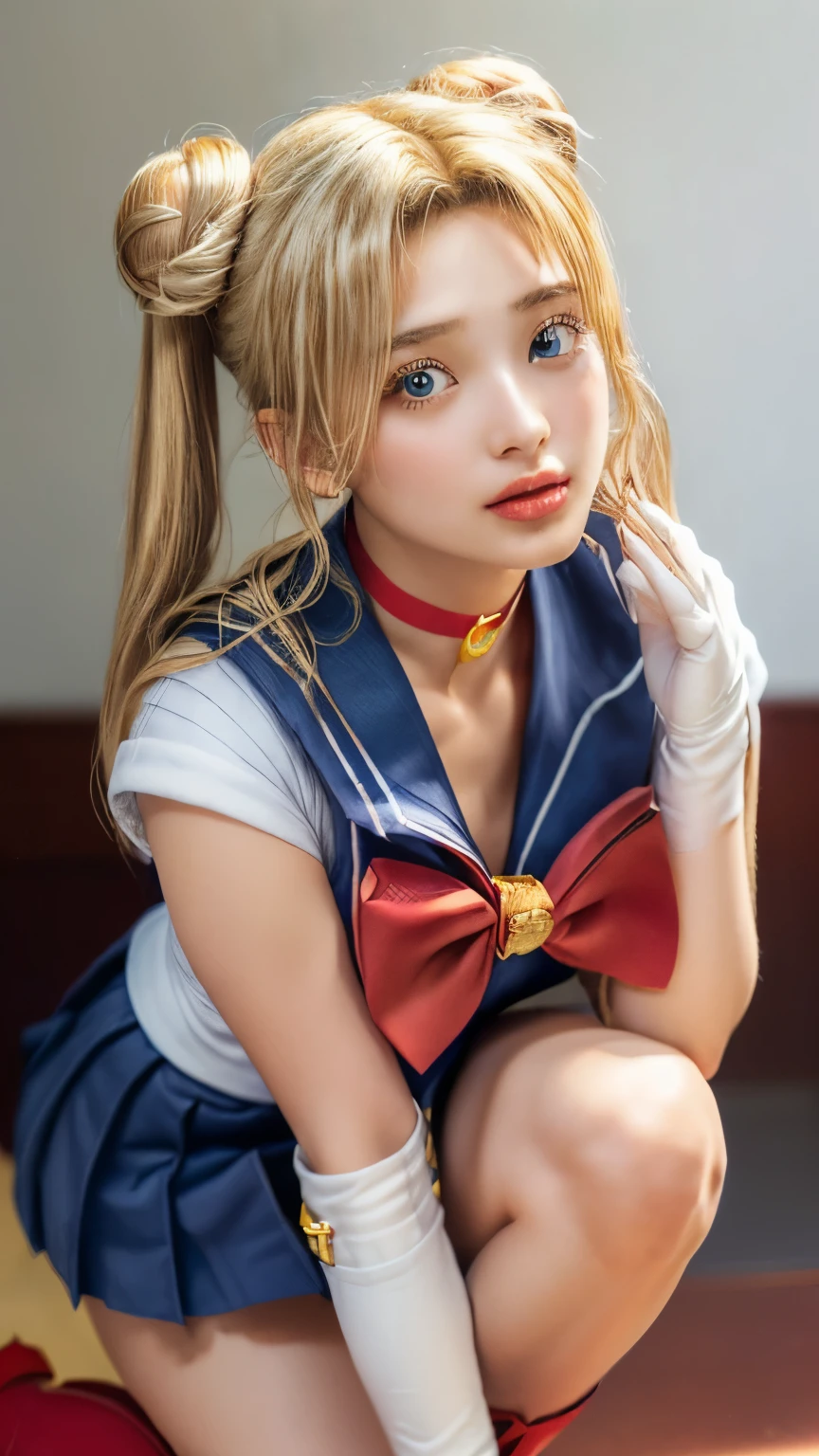 (masterpiece, best quality:1.2), (realistic, photo-realistic:1.4), RAW photo, high resolution, extremely detailed, intricate details, realistic and sharp details, cinematic lighting, portrait, frontal photography, (sailor moon, tsukino usagi, aausagi), solo, 1girl, a 19yo female idol, (wearing a sailor senshi uniform), (long hair, blonde hair, double bun, twintails:1.6), (elbow-gloves, white-gloves, darkblue-collar, lowcut-skirt, short skirt, darkblue-miniskirt, red-choker, red-bowtie, red-boots:1.5), jewelry, (detailed face, detailed eyes, sophisticated nose),pale skin, fine-textured skin,
photo background, outdoors, sidewalk, daytime 