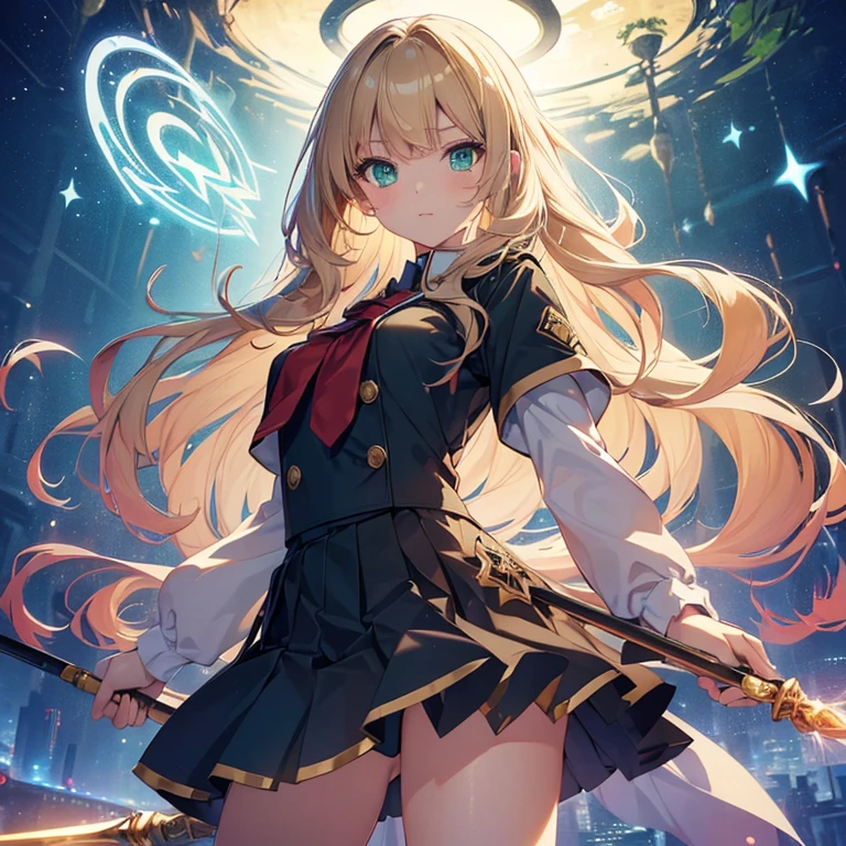 ((ultra realisitic)), ((picture-perfect)), ((face perfect)), ((ultra detaild)), ((fully body)), ((perfectbody)), a blonde girl ((greeneyes)) and long curly hair, in a seifuku uniform holding a shining magical staff, fully body