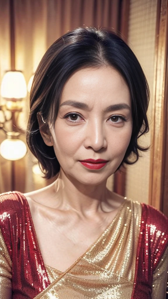 Masterpiece, ((Great focus)), Beautiful finish, Beautiful mature woman, 58-year-old woman, Face close-up, Sharp Eyes, Long face, (Thin and high nose), Red lips, Thin lips, Golden sequin dress, Light from the front,