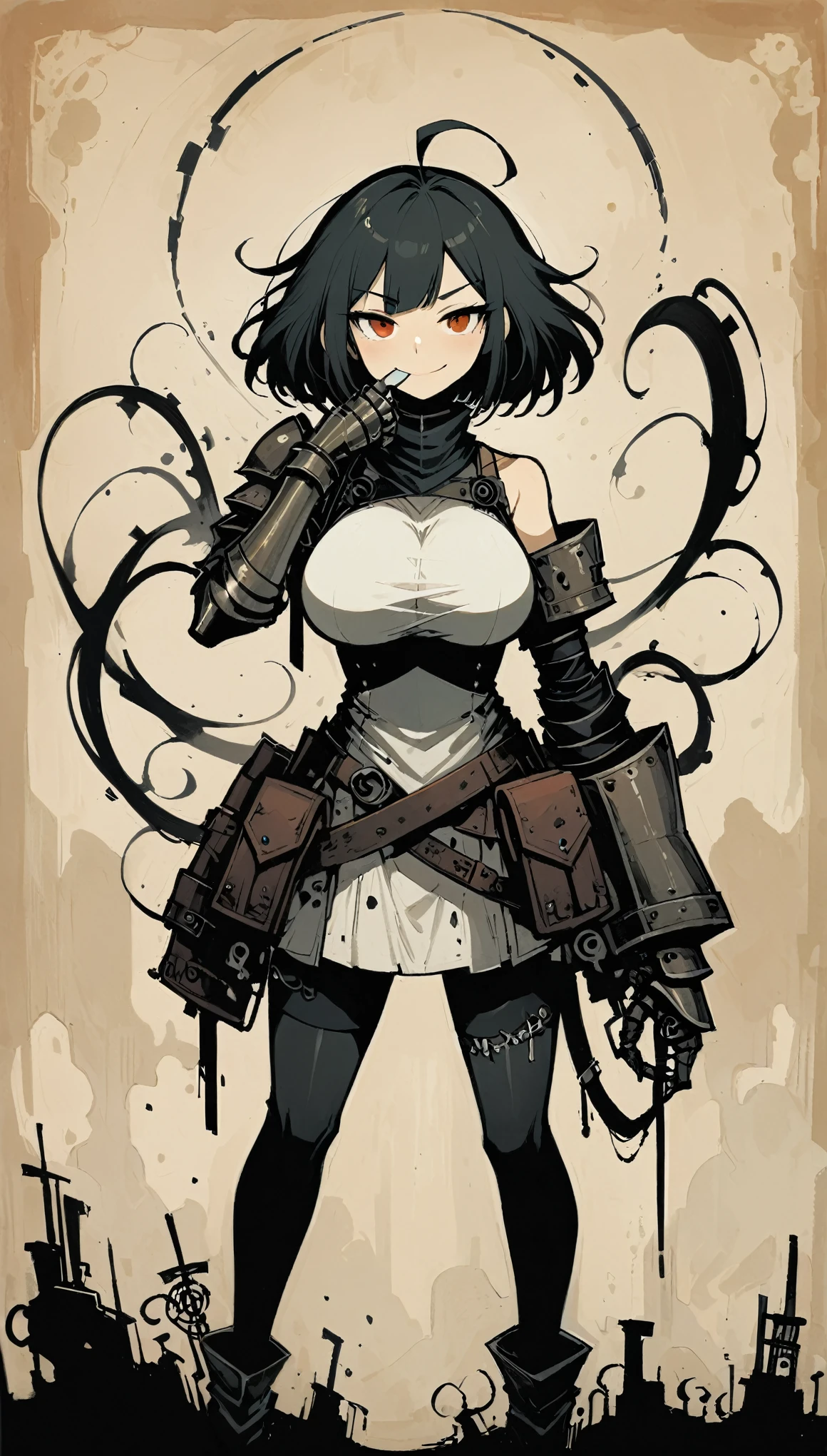 in style of ashley wood,in style of Santiago Caruso,in style of Alex Hirsch,in style of American McGee {1girl:1.3},{asymmetrical hair:1.1},{oversized breasts:0.4} {oversized forearms:1.5},{arm armor:1.4},{oversized shoulder:1.5},{a proud smile:1.1},fingers on the mouth,silence,{squinting:1.4}
