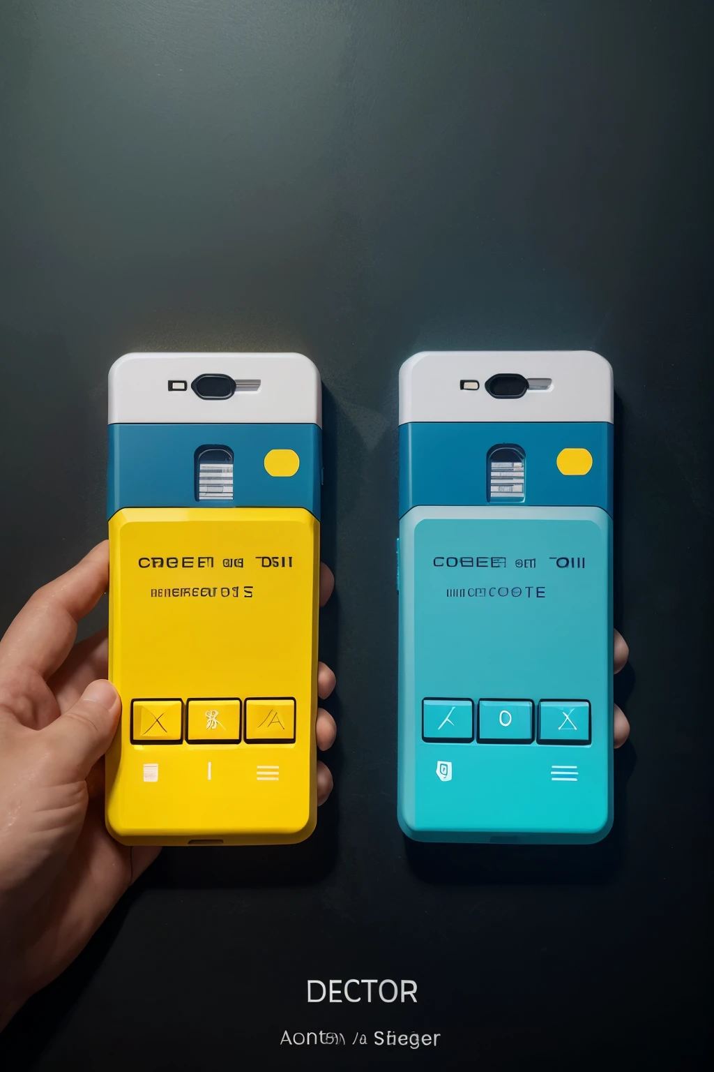 Create a prototype of P.O.S fingerprint reader for payment has to be minimalist, numeric keypad and delete buttons, cancel and accept. digital aqua color with optimistic yellow bottles