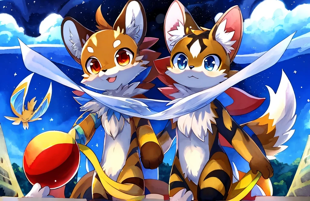 small genet with a red ball in its mouth and a star in the background, , anime visual of a cute genet, fanart, アニメ, anime genet, with a fin, furry art!!!, flying genet, fish body, that fly over ice, banner, official artwork, kitsune holding torch,!!!, [ conceptual art ]!!, watercolor animation style