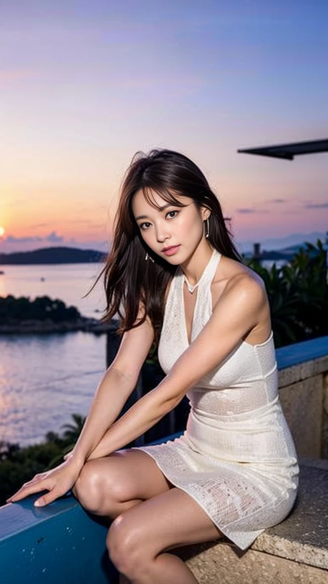 dark brown hair、Light brown eyes、Japanese actress、I am about 40 years old...、Saint-Tropezにあるテラスレストランで、Spectacular views、In nature、Enjoying the delicious meal on the terrace、背景にはSaint-TropezのSpectacular viewsが広がる、A dress with a resort feel、Halter neck、Sandals、Night view、Deep sorrow、Feeling weak、Debilitated pose、Deep sorrowの表現、Saint-Tropez、At an oblique angle、