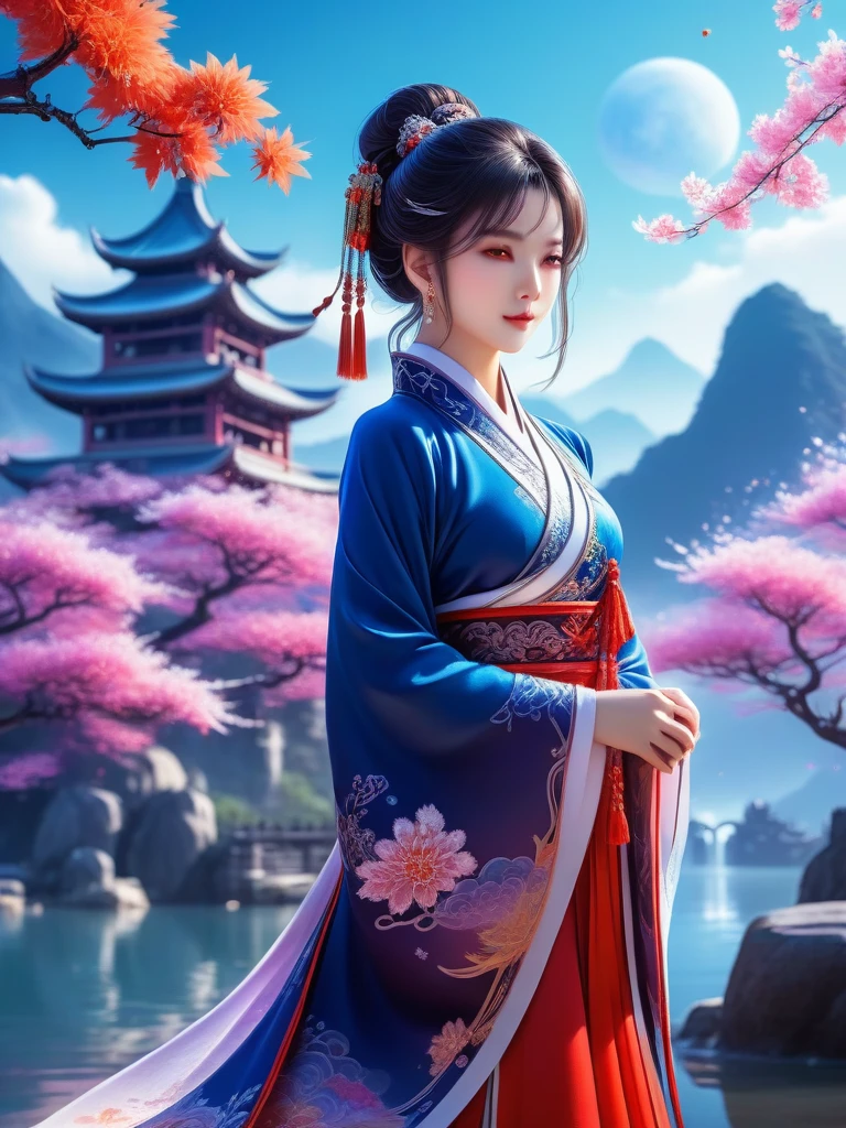 (Full body), solo, anime girl wearing chinese fantasy clothes, posing in the fantasy landcape, fantasy landcape background, anime style, cosmic art, intricate detail, beautyful art, bright, Impressive colors, clean and clear drawings, elegant