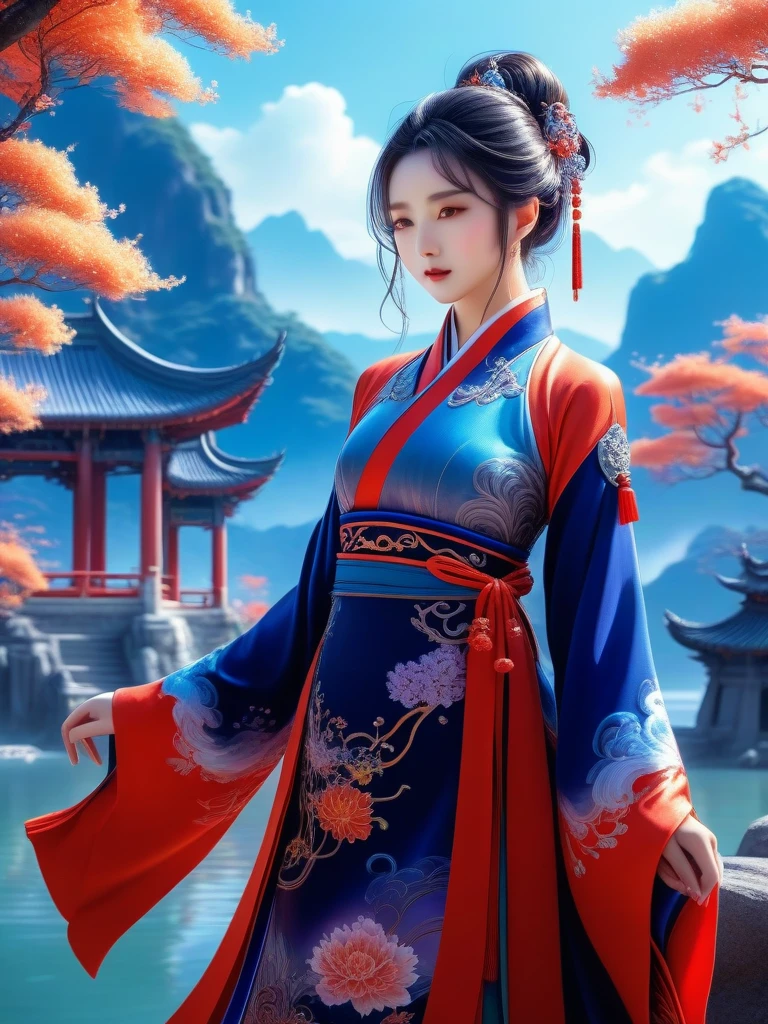 (Full body), solo, anime girl wearing chinese fantasy clothes, posing in the fantasy landcape, fantasy landcape background, anime style, cosmic art, intricate detail, beautyful art, bright, Impressive colors, clean and clear drawings, elegant