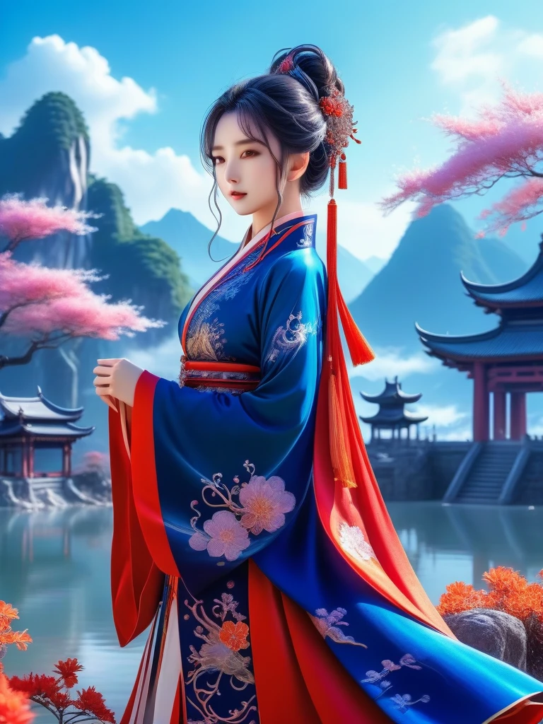 (Full body), solo, anime girl wearing chinese fantasy clothes, posing in the fantasy landcape, fantasy landcape background, anime style, cosmic art, intricate detail, beautyful art, bright, Impressive colors, clean and clear drawings, elegant