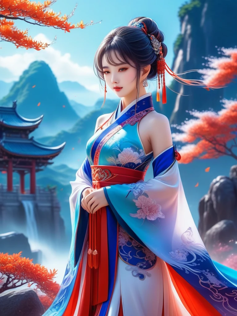 (Full body), solo, anime girl wearing chinese fantasy clothes, posing in the fantasy landcape, fantasy landcape background, anime style, cosmic art, intricate detail, beautyful art, bright, Impressive colors, clean and clear drawings, elegant