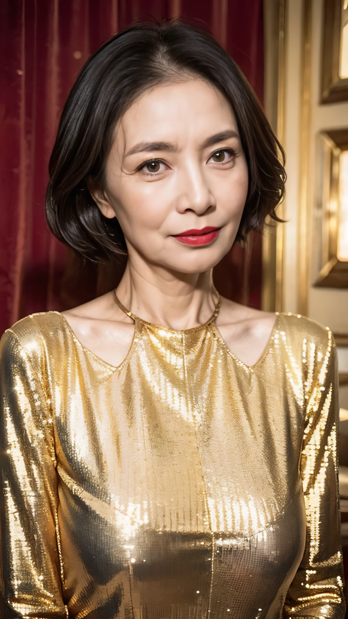 Masterpiece, ((Great focus)), Beautiful finish, Beautiful mature woman, 58-year-old woman, Face close-up, Sharp Eyes, Long face, (Thin and high nose), Red lips, Thin lips, Golden sequin dress, Light from the front,