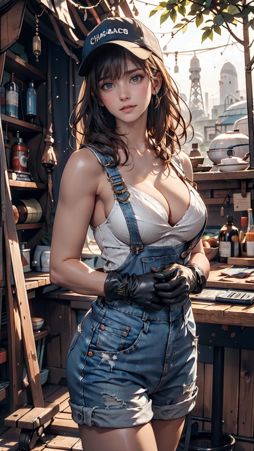 Space Shuttle in a Rusty Field, Landscape Village, Standing person々, Realistic, Simon Starenhug Style、24-year-old female、Wear work overalls((Open front to accentuate cleavage))、Work hat、Chignon、Moderately sized breasts、Gloves、Cowboy Shot、Work shoes