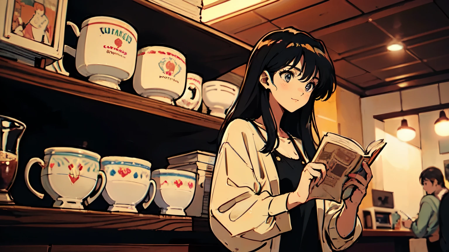 A girl with long dark hair is standing in a cozy café, reading a newspaper. She is surrounded by warm lighting, coffee cups, and various coffee-making equipment. The café has a welcoming atmosphere with other patrons in the background