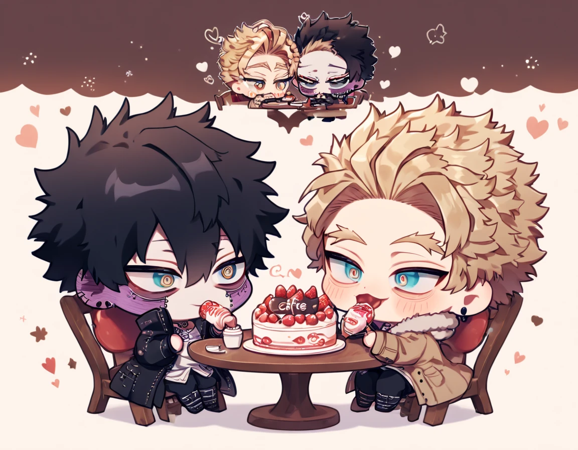 absurdres, highres, ultra detailed, HDR, master piece, best quality, extremely detailed, Hawks chibi, ash-blonde hair, expressive brown eyes, Boku No Hero Academia, Dabi chibi, black hair, expressive turquoise eyes, two boy sitting together, gay couple, yaoi, cute, black coat, brown coat with fur, magical, cafe, table, chairs, eating, cake