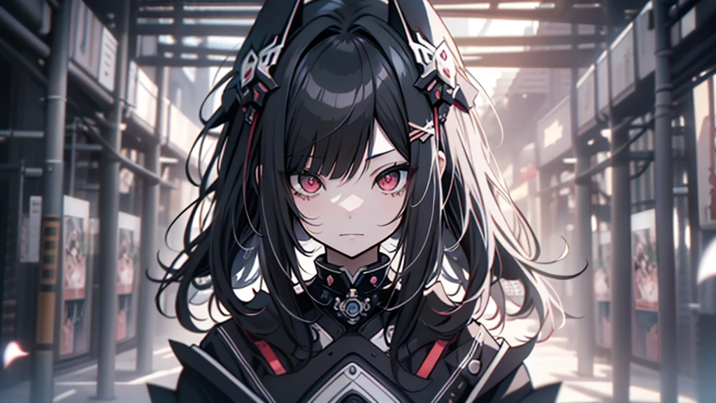 Anime girl with black hair and red eyes standing in front of a city, Anime Style 4 k, Anime Style portrait, Detailed portrait of an anime girl, Stunning Anime Face Portraits, Beautiful anime portraits, Anime Style. 8k, Anime Moe Art Style, Enchanting anime girl, Amazing anime 8k, Anime Girl Portrait, Anime Girl Portrait, Anime Girl Portrait