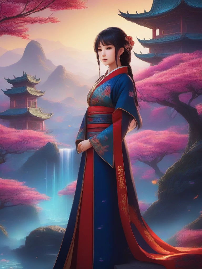 (Full body), solo, anime girl wearing chinese fantasy clothes, posing in the fantasy landcape, fantasy landcape background, anime style, cosmic art, intricate detail, beautyful art, bright, Impressive colors, clean and clear drawings, elegant