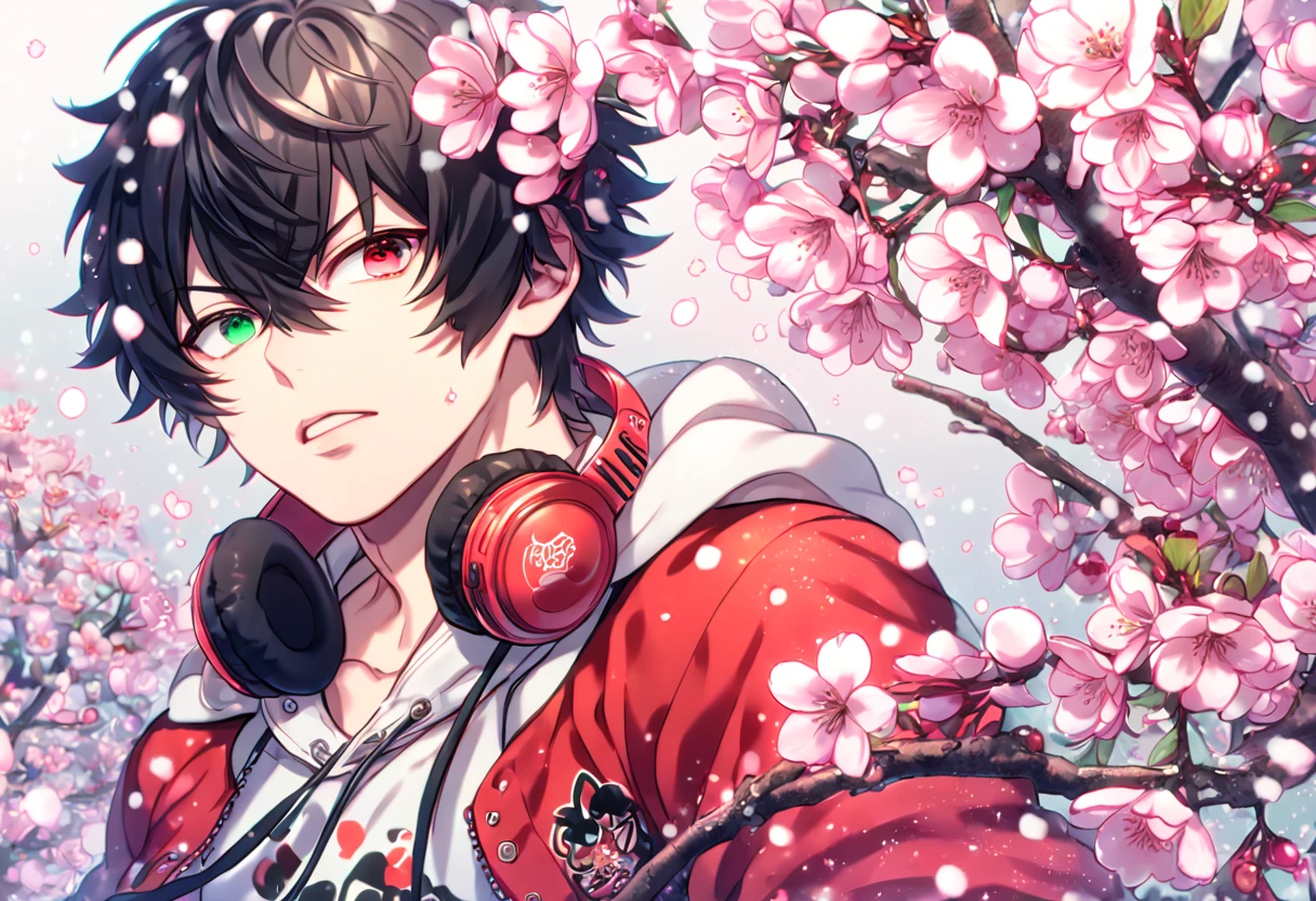 Ultra detailed, HDR, Highres, absurdres, master piece, Yamada Ichiro, black hair, heterochromia, expressive red left eye, green right eye, red varsity jacket, white hoodie, red headphone around his neck, Hypnosis Mic, sexy man, handsome, cherry, flowers, blossoms, fantasy, magical, pink leaves, snowing, handsome, sensual, best quality, glittering, solo,