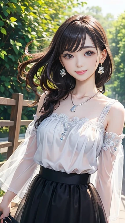 (Highest quality、 8k 、masterpiece、High resolution)、Young lovely woman、Ample breasts、Smooth and unnoticeable collarbone、Slender beauty、(Brown hair medium、My hair is blowing in the wind、Flows backwards)、whole body、 (Beautiful Face,Beautiful Eyes,Beautiful nose,Pretty lips)、(Flower Earrings、silver heart pendant necklace)、(Feminine Style、3/4 Sleeve Lace Blouse、Tulle skirt)、Her mouth opens slightly and a smile appears.、Dynamic pose、Outdoor、garden、Colorful flowers、looking at the camera、Professional Lighting、Professional photographer、Detailed CG、