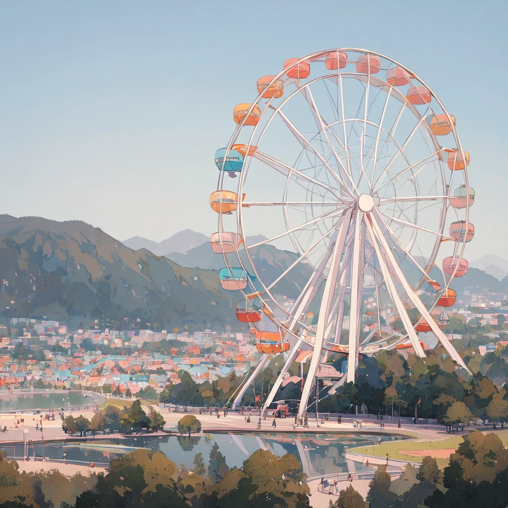 (Close-up Ferris wheel), landscape, cute, Round Ferris Wheel, No people, Beautiful blue sky, ☁　　☁　　☁　　☁　　☁　　☁　　☁, Real