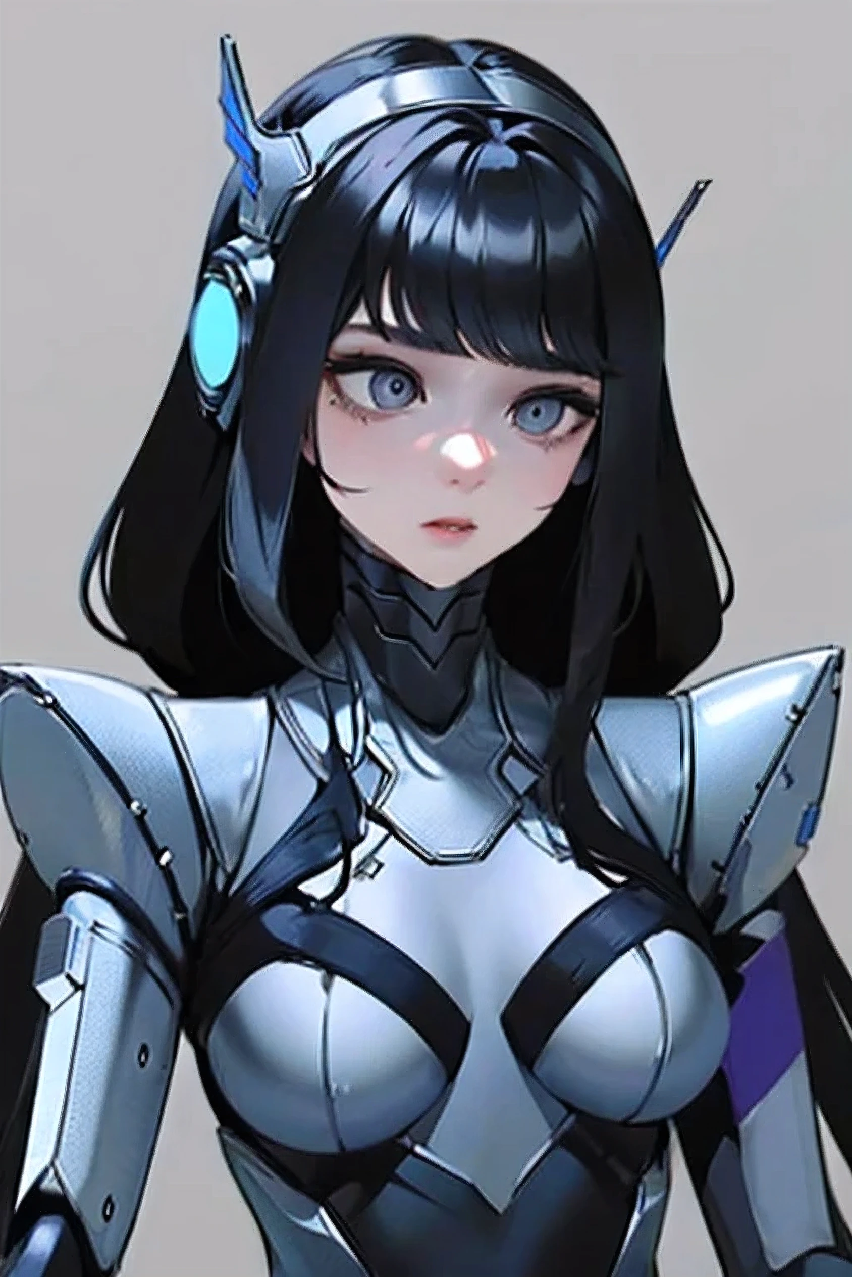 empty eyes,robotized woman ,big bust,Robot Joint ,Metal skin,Black suit,long hair,robot skin,Robot Joint,mechanization, Android