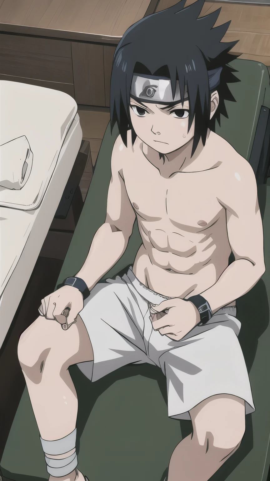 Sasuke, shirtless, muscle growth, underpants, white briefs, massage table, -yeld bo