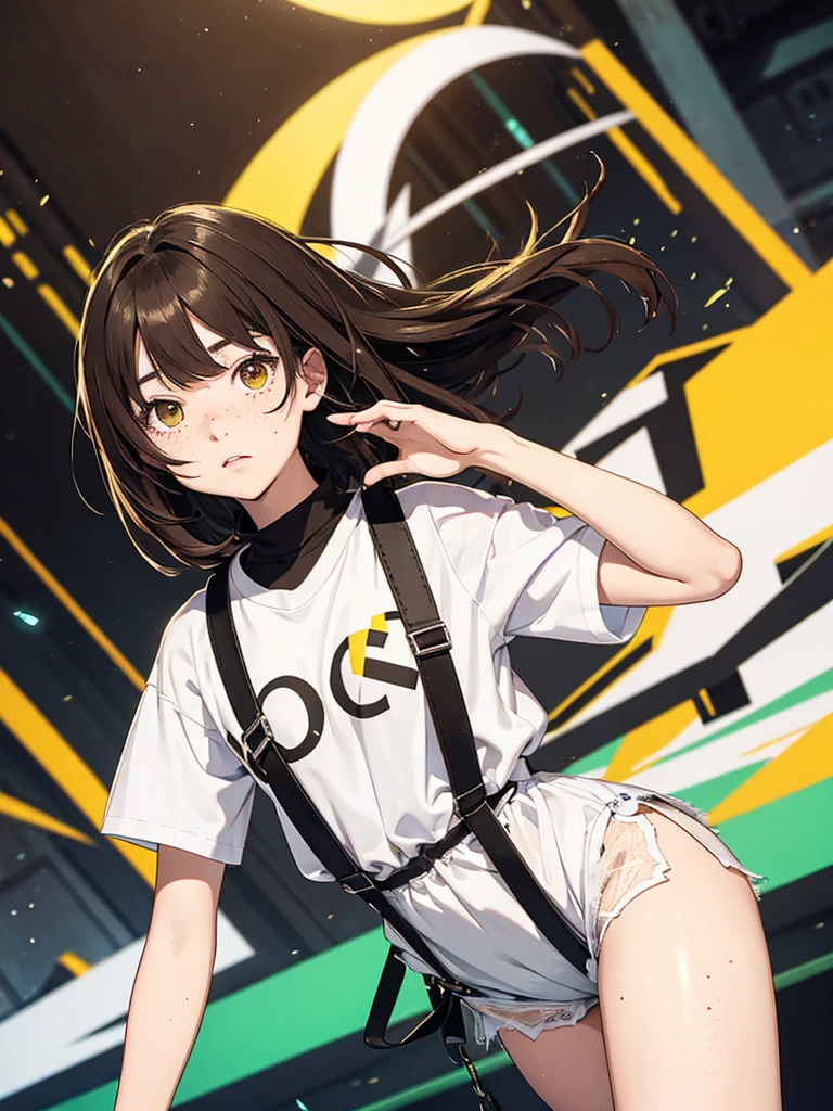 anime girl 20 years old with narrow eyes of different colors yellowish-green and dark ochre, a smoll mole under the eye, bruises under the eye, faint freckles only on the nose, straight dark brown hair below the shoulders, long bangs covering the left eye, pale skin, tired look, breasts of the second size, low height, white shirt, black shorts with suspenders