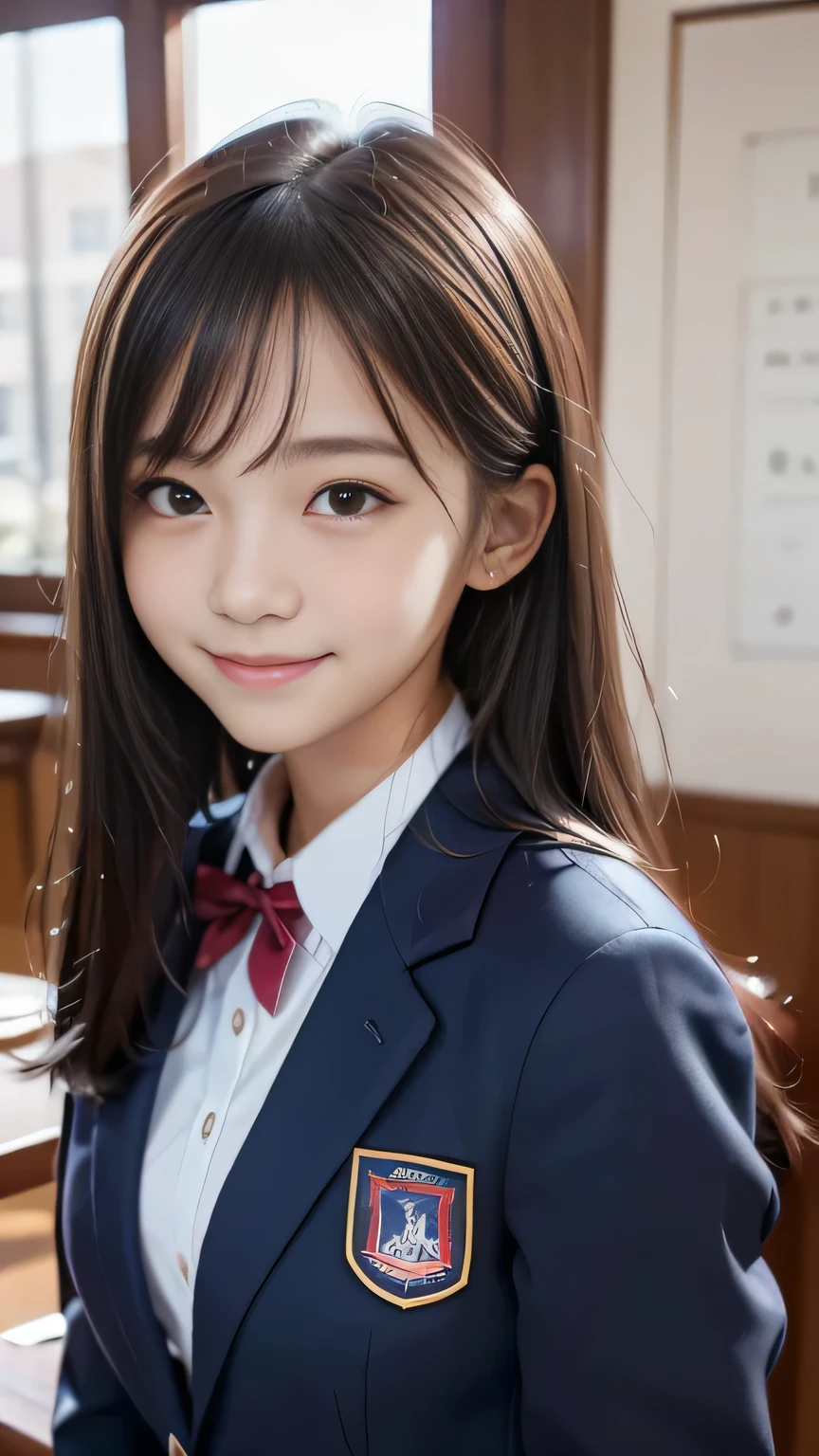 Masterpiece、Best Quality、Illustration、 Super detailed、Fine details、 High resolution、8K Denden Wallpaper、Perfect dynamic composition、17 year old beautiful girl、A neat and clean high school girl、Detailed beautiful face、Detailed beautiful eyes、Textured skin、A shy smile、Small breasts、Bold sexy pose、Navy blue school blazer uniform、Red ribbon、