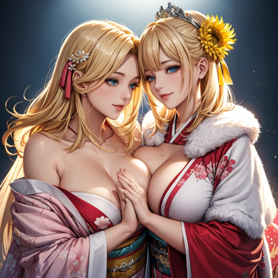 Highly detailed CG Unity 8k wallpaper, pretty girl, Mature blonde girl, Half Up, beautiful girl, Hot Maiden, Pale skin (super masterpiece, Beautiful person, well detailed face polluted smile, Her flat chest is hidden by her kimono, Realistic, Surreal), colorful red and pink winter kimono, Has white fur, wearing white gloves, Japanese style hair accessories, (Light lighting), smile, Upper Body, Yellow chrysanthemum flower Japanese background, perfect anatomy, beautiful hands, two girls is deeply in love with each other, kiss