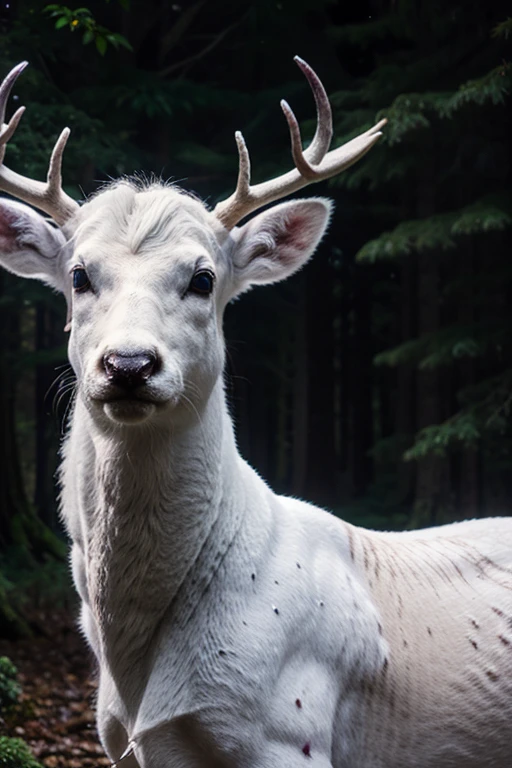 enchanted forest mysticism fantasy stars big white ghostly deer close-up close realistic hyperdetailed without blur pixel image autofocus professional photo burgundy paints dark purple black