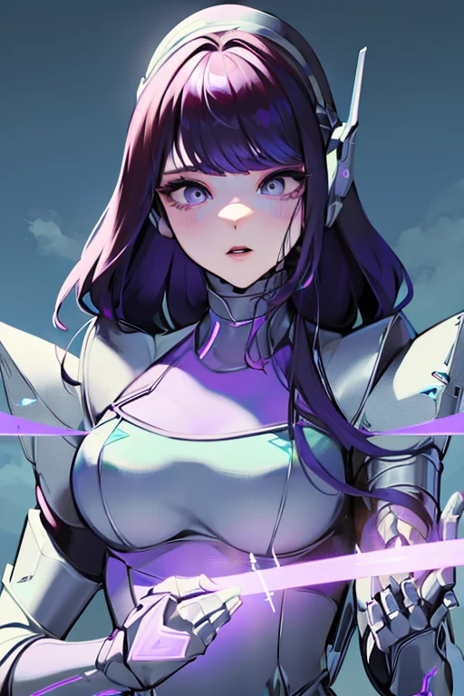 empty eyes,robot화된 여성 ,big bust,robot 조인트 ,Metal skin,long hair,suit that covers the entire body,mechanization,robot,robot 귀,visor,Android