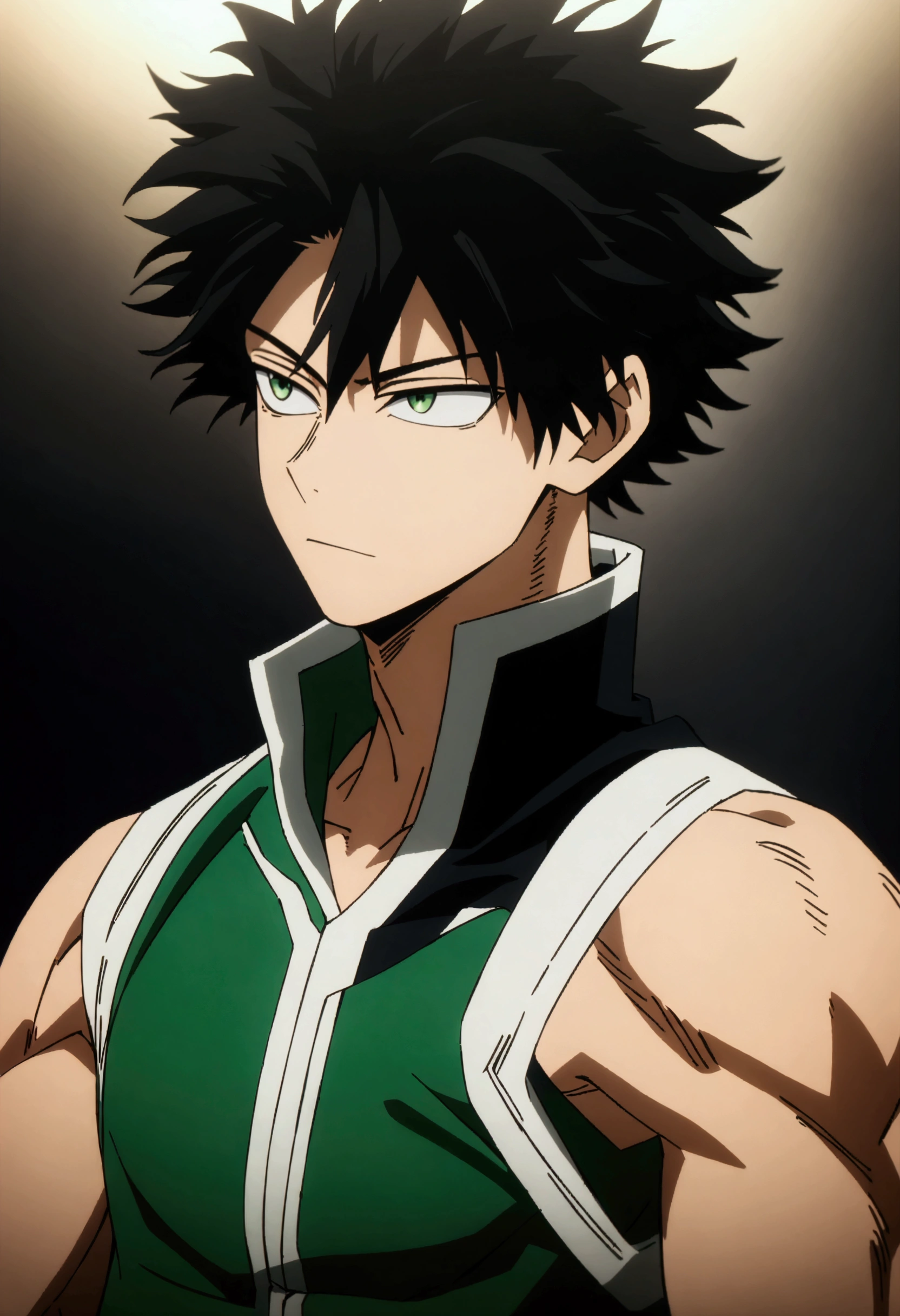 He is a 16 year old teenager, He has slightly disheveled very black hair..., somewhat light green eyes, , muscular body , anime art slyle my hero academy , sexy face, He is dressed in the anime male uniform "my hero academia", , 8k, high quality, masterpiece, , cinematic, vivid colors, shining green eyes