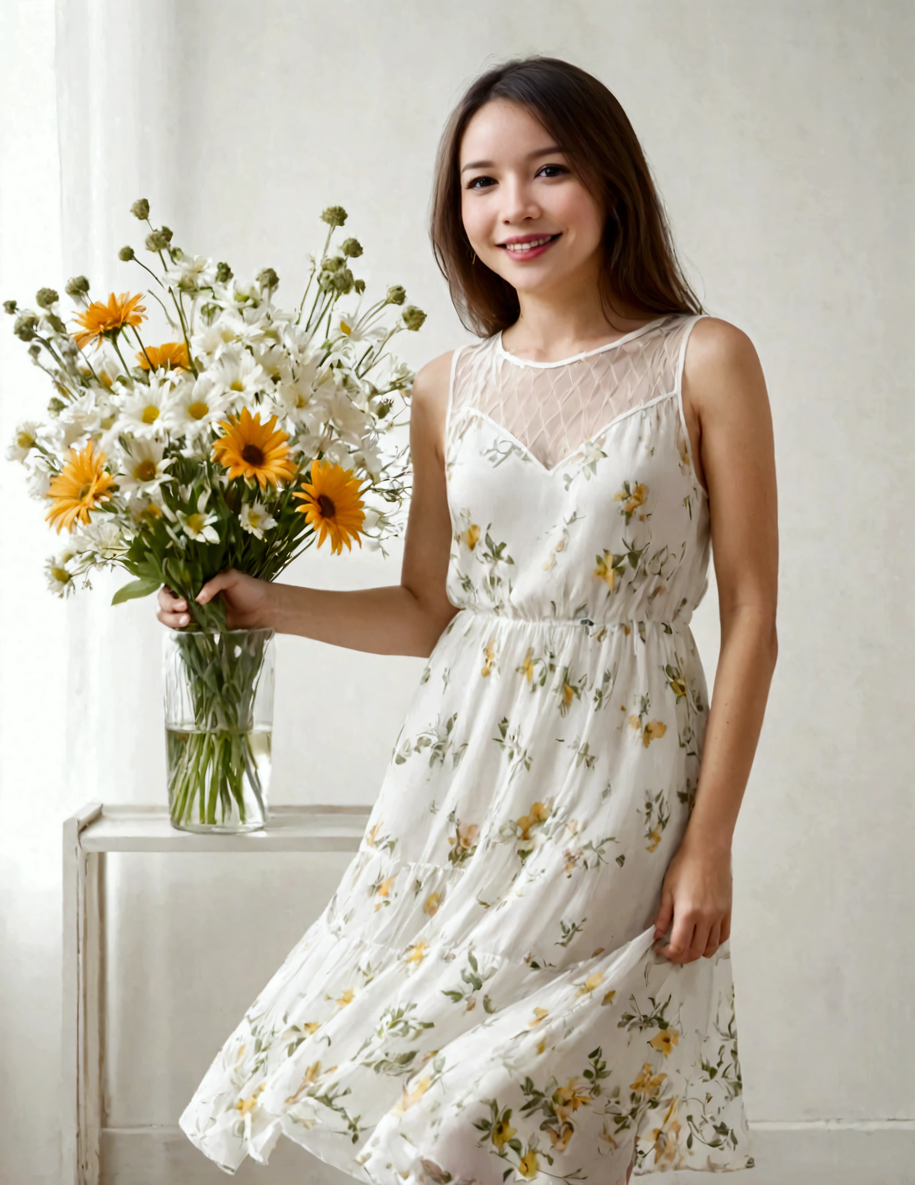 A lovely woman (simple sheer dress, joyous expression, pure love), posing near a flower vase, plain white room backdrop, well lit