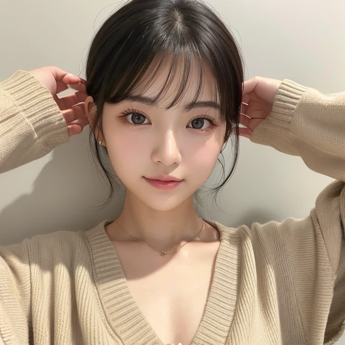 20-year-old women、Japanese、Average face、Natural look、Natural double eyelids、Lightweight beige cardigan、Hide your chest、White Background、Beautiful Skin、Glossy Lips、Black short hair、Upper Body、Selfie from above、