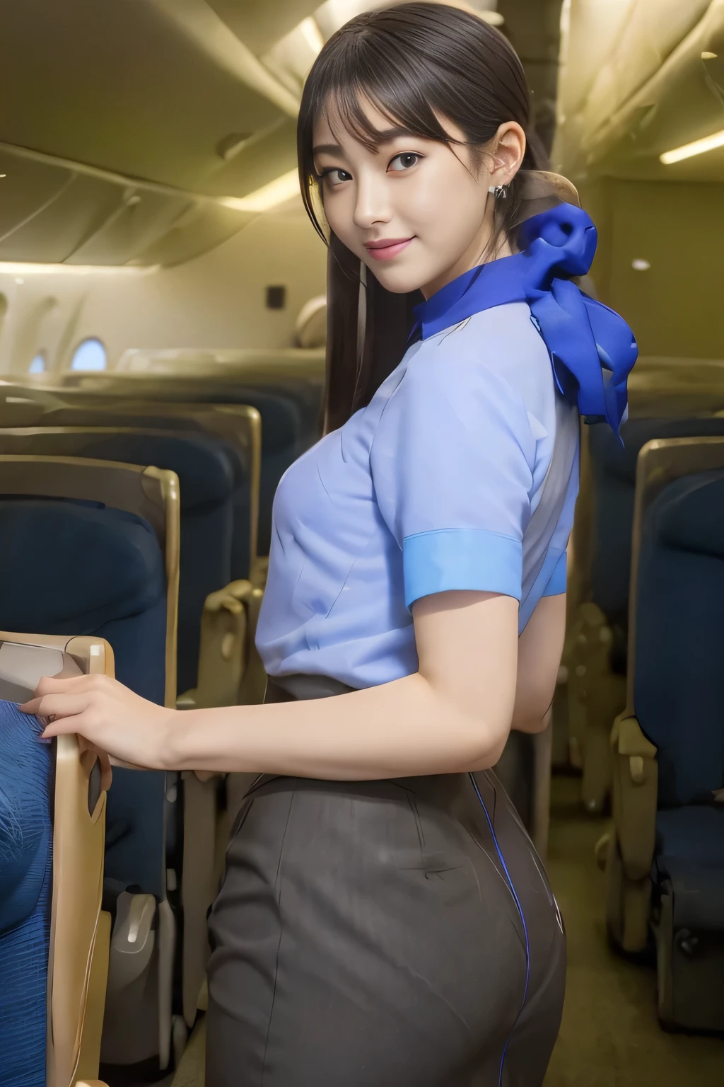 (masterpiece:1.2, Highest quality:1.2), 32k HDR, High resolution, (alone, 1 girl), (ANA cabincrew uniform blue uniform real style), A proper woman, Beautiful Face, Brown Hair, (hair bun), (Light blue blouse:1.05, Skirt with blue lines on the buttocks:1.1, pantyhose),、(long hair that reaches to the feet)、Perfect slim body:1.1, Huge breasts, huge breasts cleavage, Detailed skin texture, Beautiful Eyes, (smile:1.2), necklace、Earrings、(forward leaning posture:1.5), On the roof of a building, Rooftop in the daytime,Blue eyes、Please put your hands down.、Hair tied up