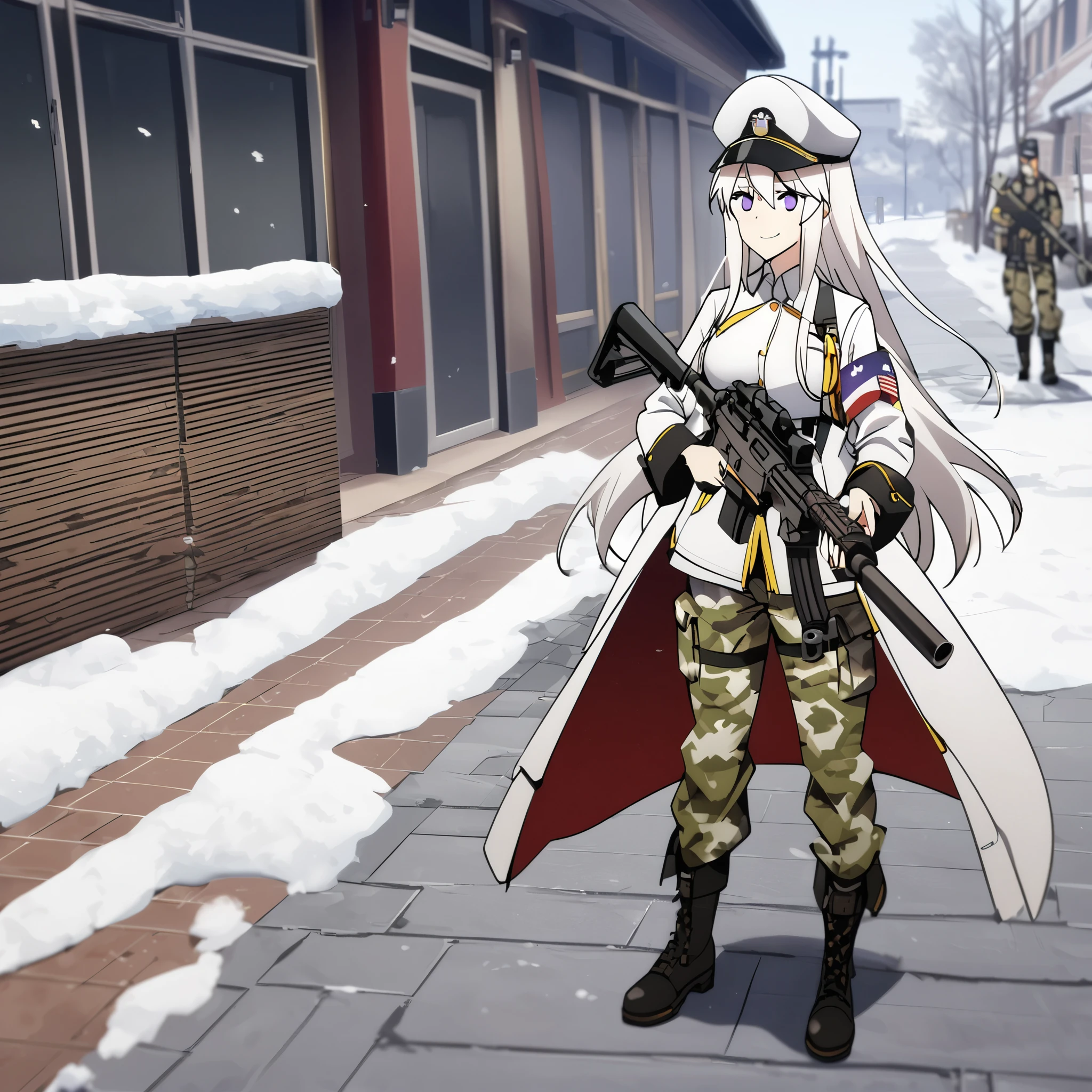 A woman wearing winter military pants, cargo pants, winter camouflage, holding an m4a1, white shirt, wearing a cap with the United States coat of arms, white hair, long hair, purple eyes, standing on a concrete sidewalk , winter place, smiling, big . Azur_lane, USS_Enterprise.
