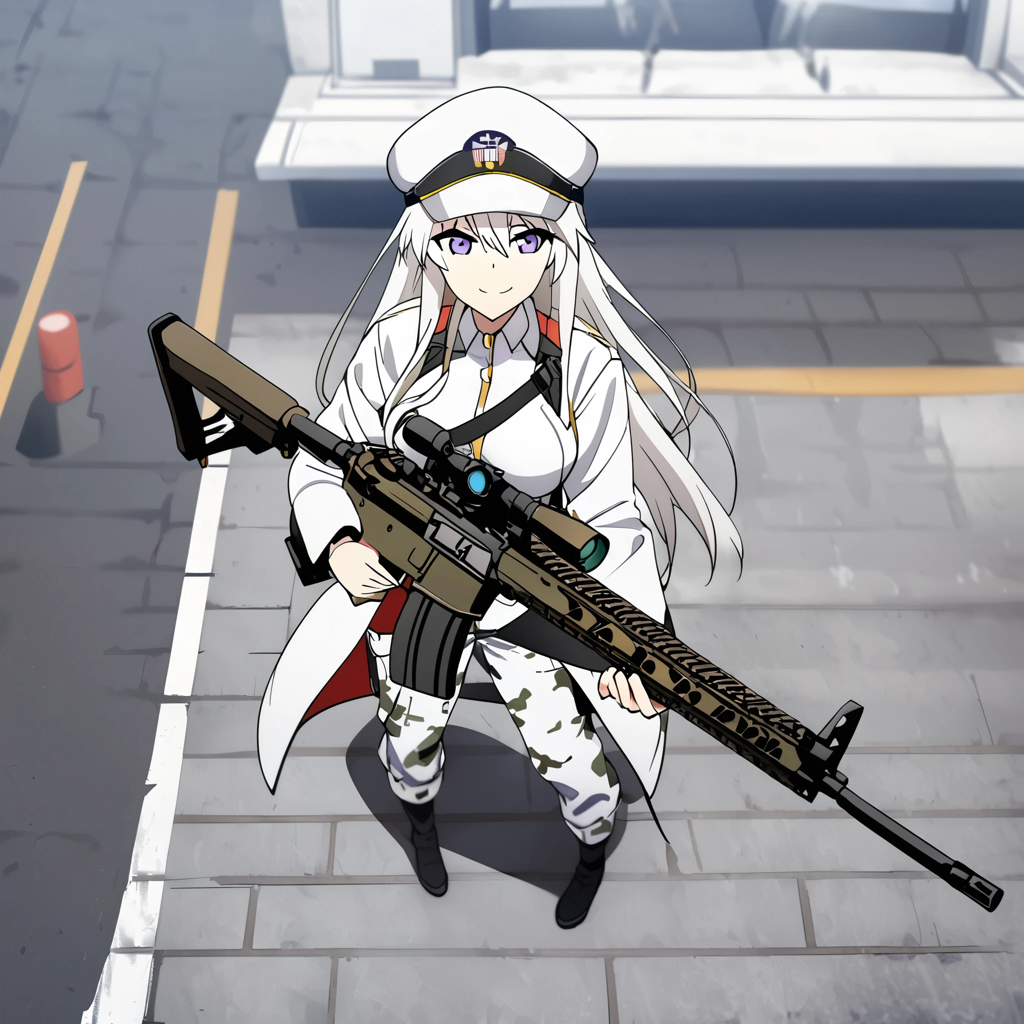 A woman wearing winter military pants, cargo pants, winter camouflage, holding an m4a1, white shirt, wearing a cap with the United States coat of arms, white hair, long hair, purple eyes, standing on a concrete sidewalk , winter place, smiling, big . Azur_lane, USS_Enterprise.
