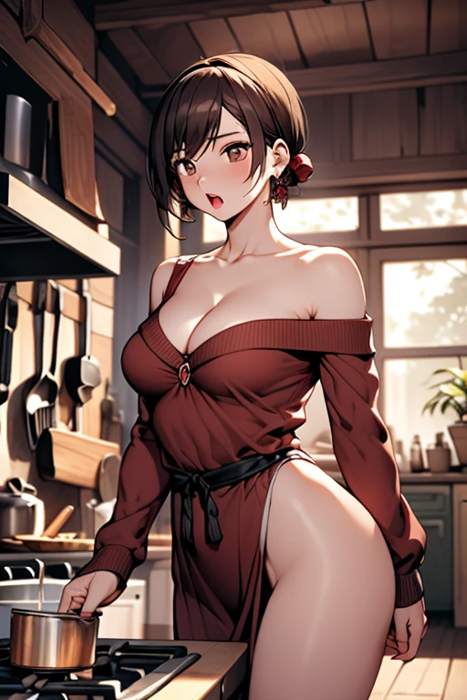 masterpiece, yor, 1girl, Bust A Cup, Amazing Cleavage:1.1, thin waist, big ass, Raised sexy, small breast: 1.1 posed cleavage:1.2、solo, looking at viewer, open mouth, have a cute grass of cute beergrass,black hair, dark green eyes, dress, bare shoulders, jewelry, collarbone, sidelocks, hairband, earrings, indoors, off shoulder, :o, sweater, arms behind back, plant, short hair with long locks, gild hairband, off-shoulder dress, sweater dress, off-shoulder sweater, red sweater, dark gord hair, big side hair, very long side hair,is rendered in (masterpiece: 1.2, best quality), with (ultra high resolution) and an exquisite (depth of field). This masterpiece is not only visually stunning but also tells,A scene of cooking in the kitchen
