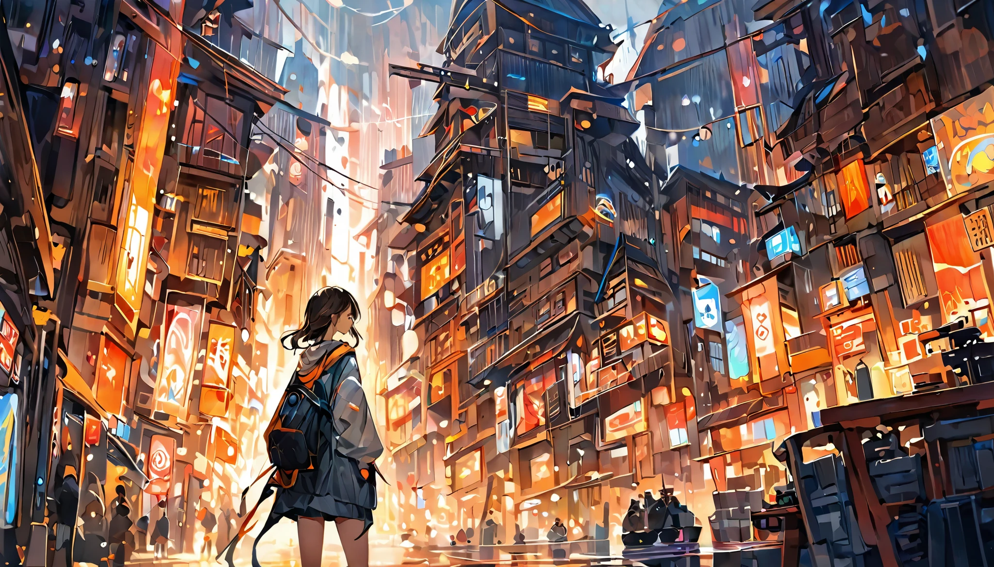 high resolution,high quality,最high resolution,最high quality,One girl, Digital painting illustration, Focusing on brushwork, color blending, Painterly look using digital tools.,masterpiece, A city where the near future and fantasy come together