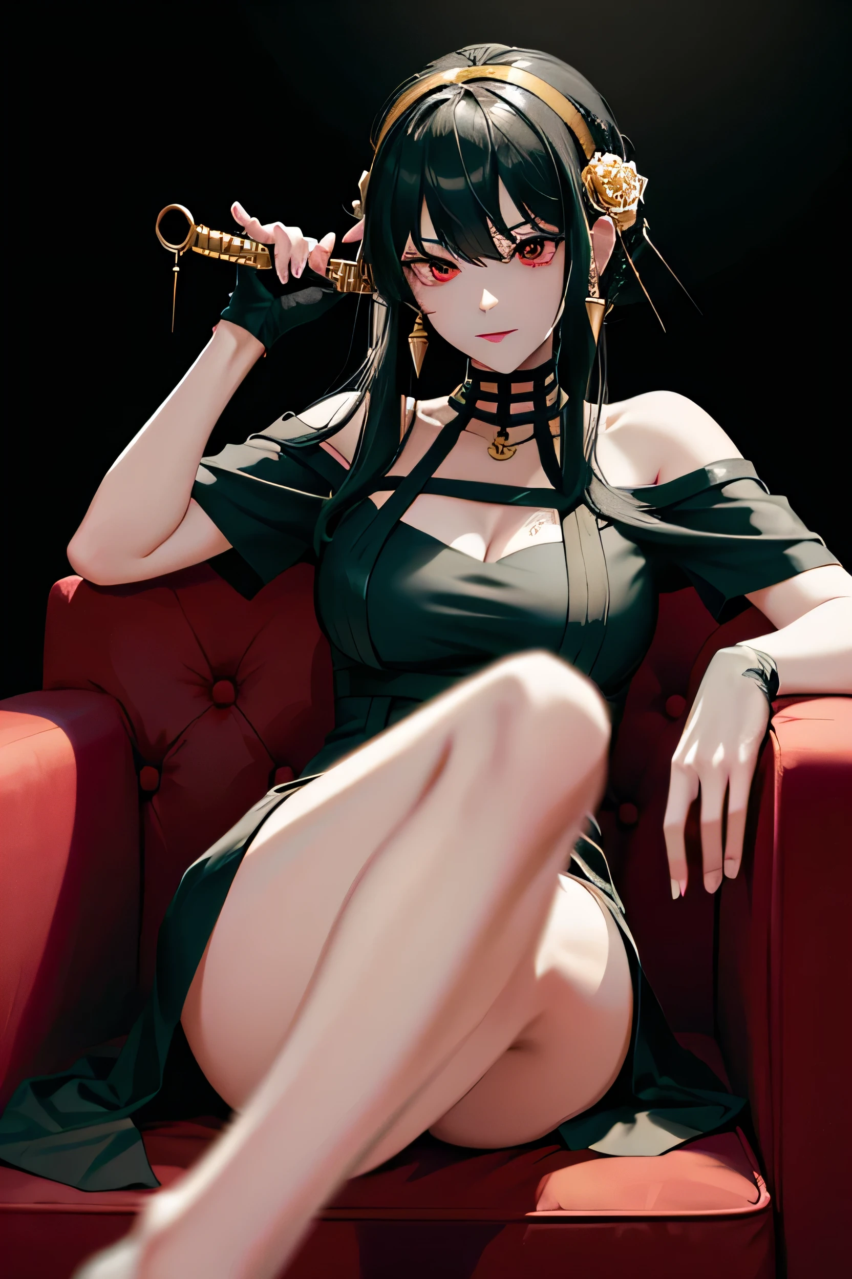 Yor Briar, Beautiful woman in anime style, One girl, red 顔, Mouth closed, Beautiful attention to detail, Highly detailed skin, Backlight, Exposing shoulders, Black background, black dress, black gloves, Black Hair, chest, dress, Earrings, fingerless gloves, Floating Hair, flower柄プリント, flower, gloves, gold Earrings, gold hair band, hair flower, hair ornaments, hair band, Holding, Holding ジュエリー, large chest, Long Hair, View your viewers, off-shoulder dress, Off the shoulder,Red eyes, Long Hairの短い髪, Side Lock, masterpiece, Highest quality, High resolution, Black Hair, View your viewers, masterpiece,Best Quality, One girl, Sitting in a chair, Cross Leg, office, Show me your legs, Sole, Leg spread, Or a foot with toes