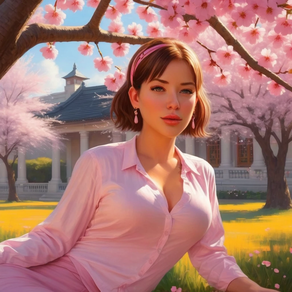 ultra-detailed, sitting under a blooming cherry blossom tree in a vibrant garden, surrounded by colorful flowers. She has radiant, expressive eyes, full of curiosity and innocence. Her lips are delicately curved into a gentle smile. Her hair are tied back with a ponytail and bangs. She wears a necklace, a bracelet, and dangling earrings. The sunlight filters through the branches, casting soft shadows on her face. The cherry blossoms create a dreamy atmosphere with their soft pink petals gently falling around her. The schoolgirl's uniform consists of a very short crop top, a pleated miniskirt, and white thigh-highs. The garden is filled with a variety of flowers, including roses, tulips, and daisies, in vibrant shades of pink, red, yellow, and purple. The scene is bathed in a warm, cinematic light, with a slight golden hue, giving it a romantic and nostalgic feel. The image quality is of the highest standard, with ultra-fine details visible in every aspect, from the delicate strands of hair to the intricate patterns on the schoolgirl's uniform. The colors are vivid and vibrant, with a perfect balance of saturation and contrast. The lighting creates a soft, enchanting glow, enhancing the allure of the scene. The overall composition exudes a sense of tranquility and beauty, inviting the viewer to immerse themselves in the serene moment.