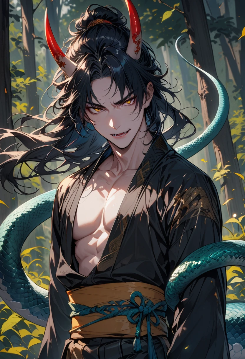 1man, bishonen, adult, handsome, male, solo, sneaky, oni horns, horns, snake from the waist down, lamia, naga, loose hair, (long black hair), flowing hair, (yellow eyes), yokai, shirtless, waist-up, light skin, pale skin, sinister smirk, muscular, (sharp fangs), (tribal tattoo:1.0), (background in forest), cinematic angle, masterpiece, forest, leaves, lush, best quality, high resolution, ultra-detailed, handsome, mullet